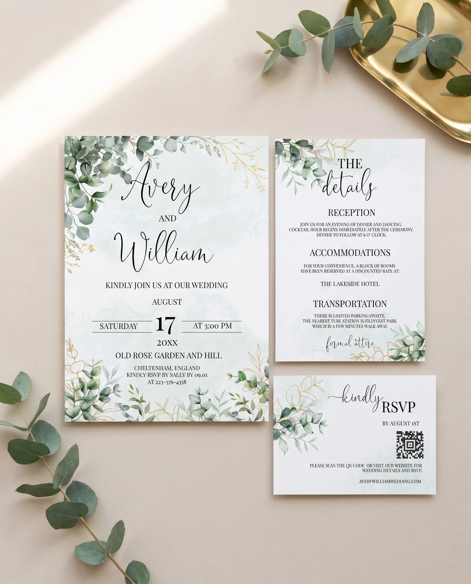 Eucalyptus Gold wedding invitation set — page one, page two, and page three shown, printable wedding stationery template