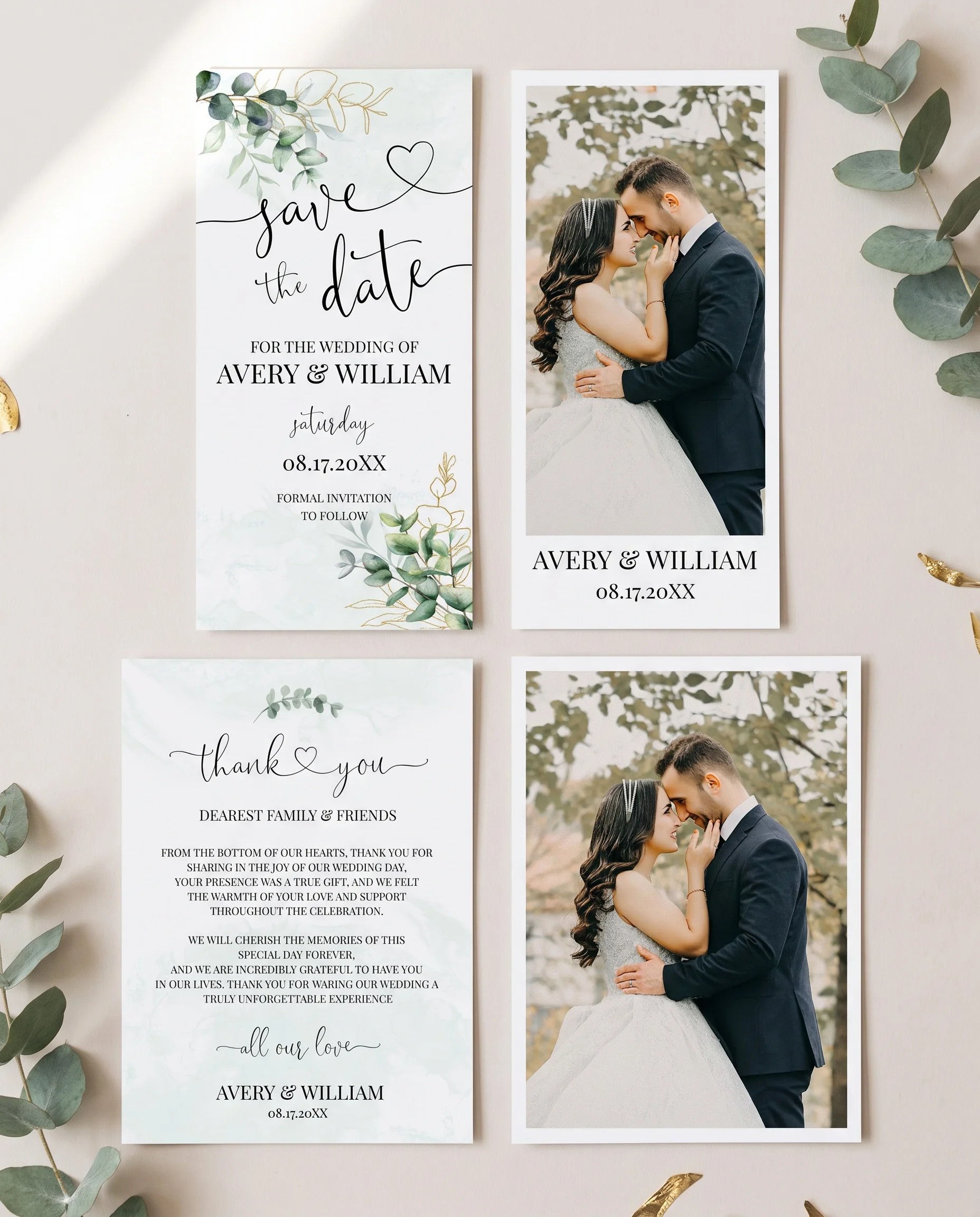Eucalyptus Gold wedding invitation set — four coordinating stationery pages, printable wedding stationery template.