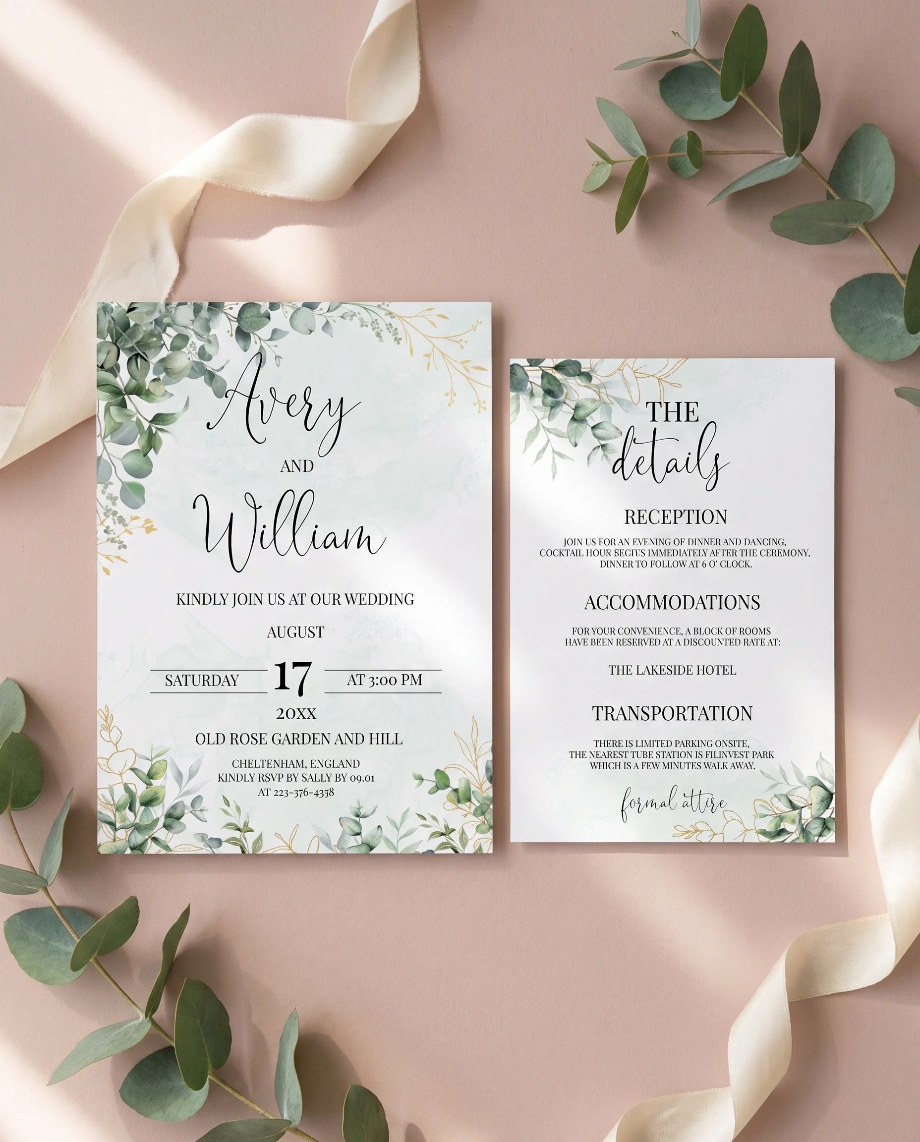 Eucalyptus Gold wedding invitation suite — invitation and details card shown in a flat lay under soft natural light, wedding details card