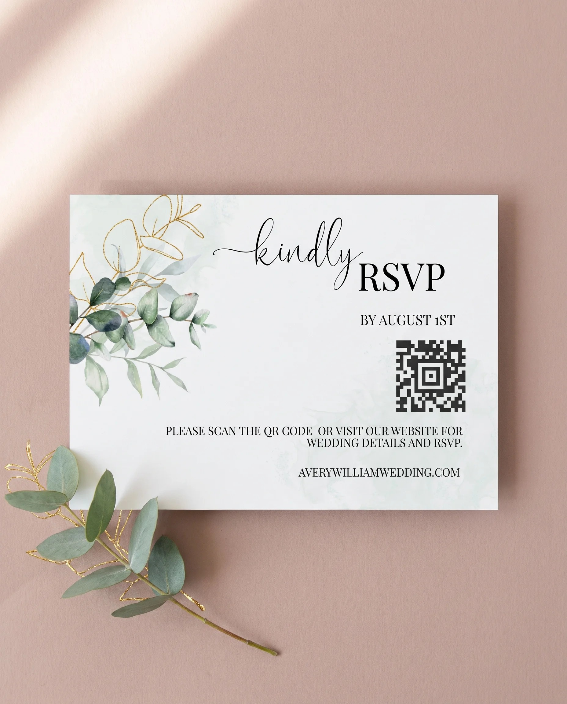 Eucalyptus Gold wedding invitation suite — RSVP card shown in a flat lay, wedding RSVP cards.