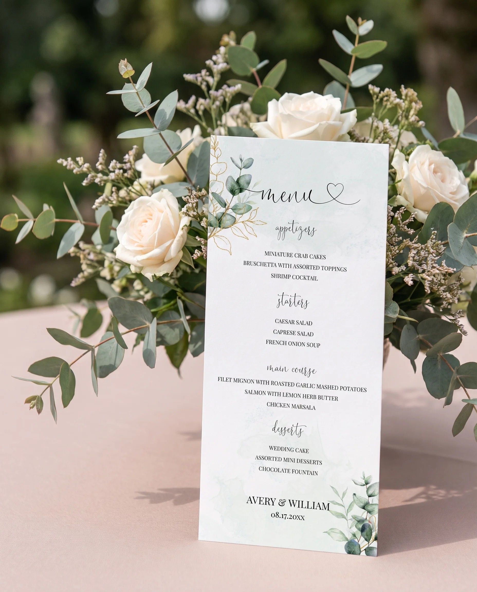 Eucalyptus Gold wedding menu — standing upright on a reception table under soft natural light, wedding menu template.