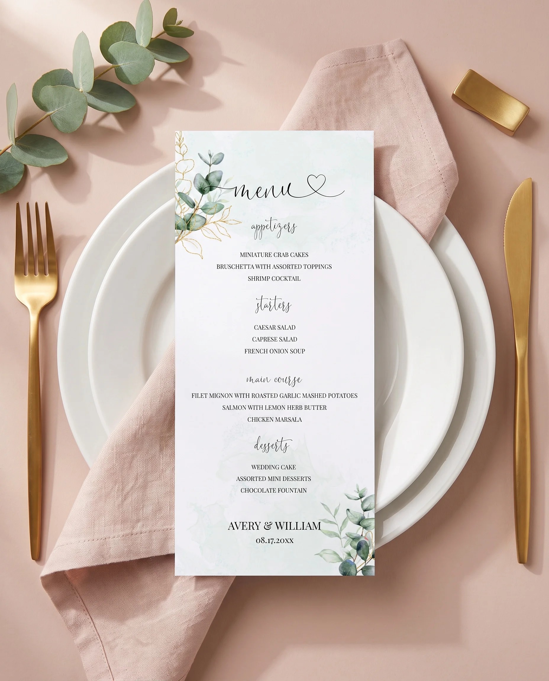 Eucalyptus Gold wedding menu — single menu card on a plate at a set place setting under soft natural light, wedding menu cards.