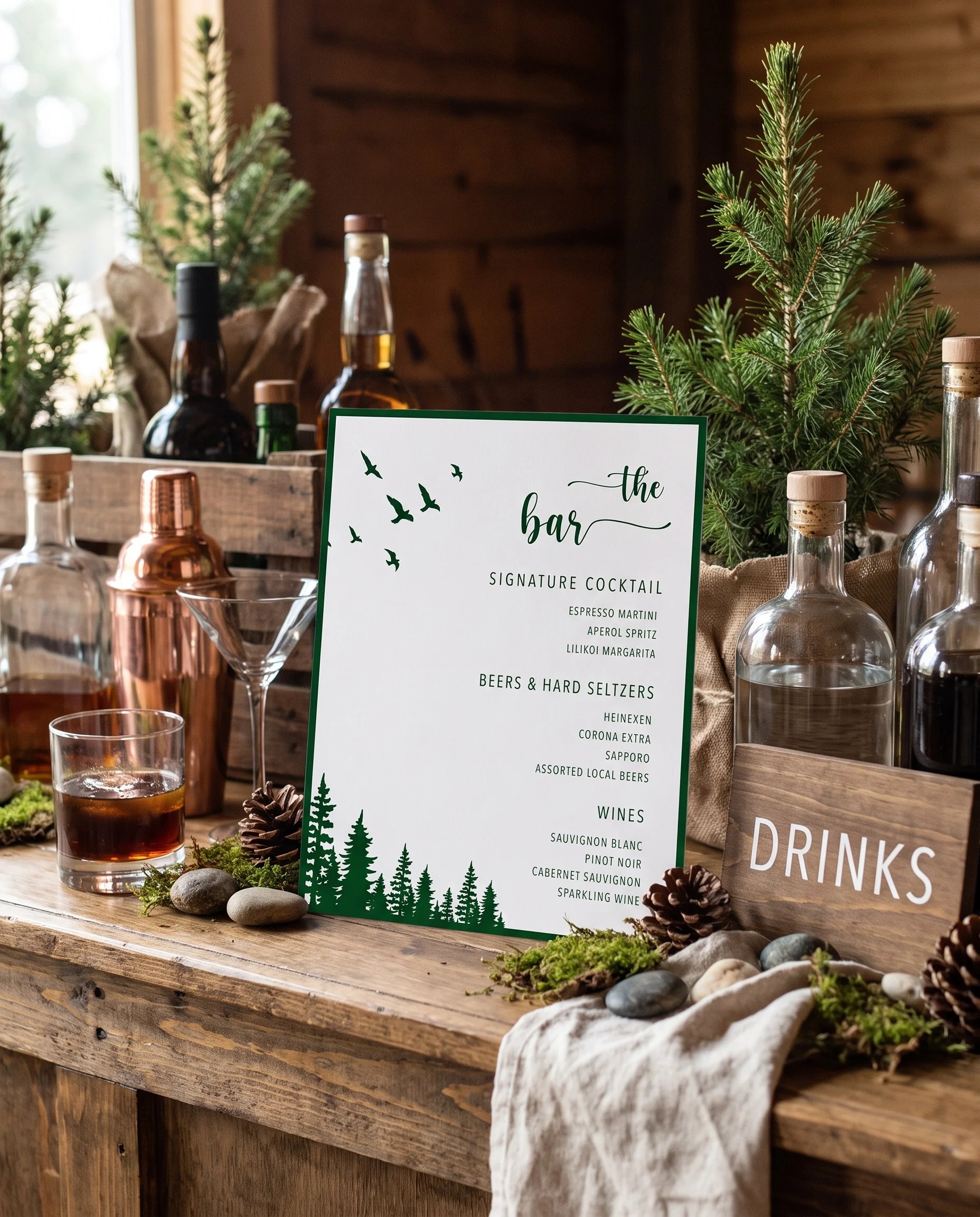 Evergreen Star — bar menu page displayed on a drinks station under soft natural light at a slight overhead angle, bar menu template.