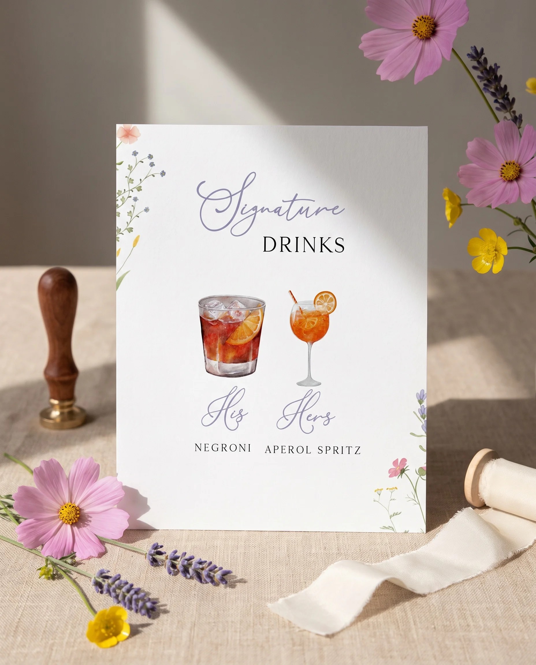 Floret Veil — Bar Menu page displayed upright in a styled setting under soft natural light, slight overhead angle, wedding bar sign.