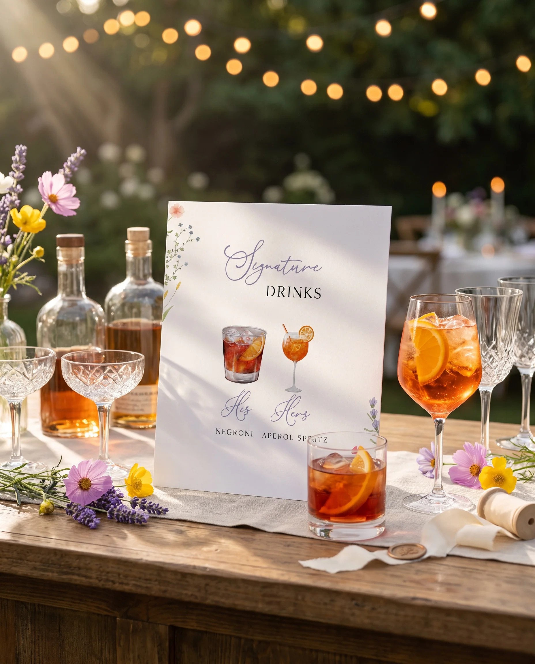 Floret Veil — bar menu page on a bar or drinks station, shot from a slight overhead angle in soft natural light, bar menu template.