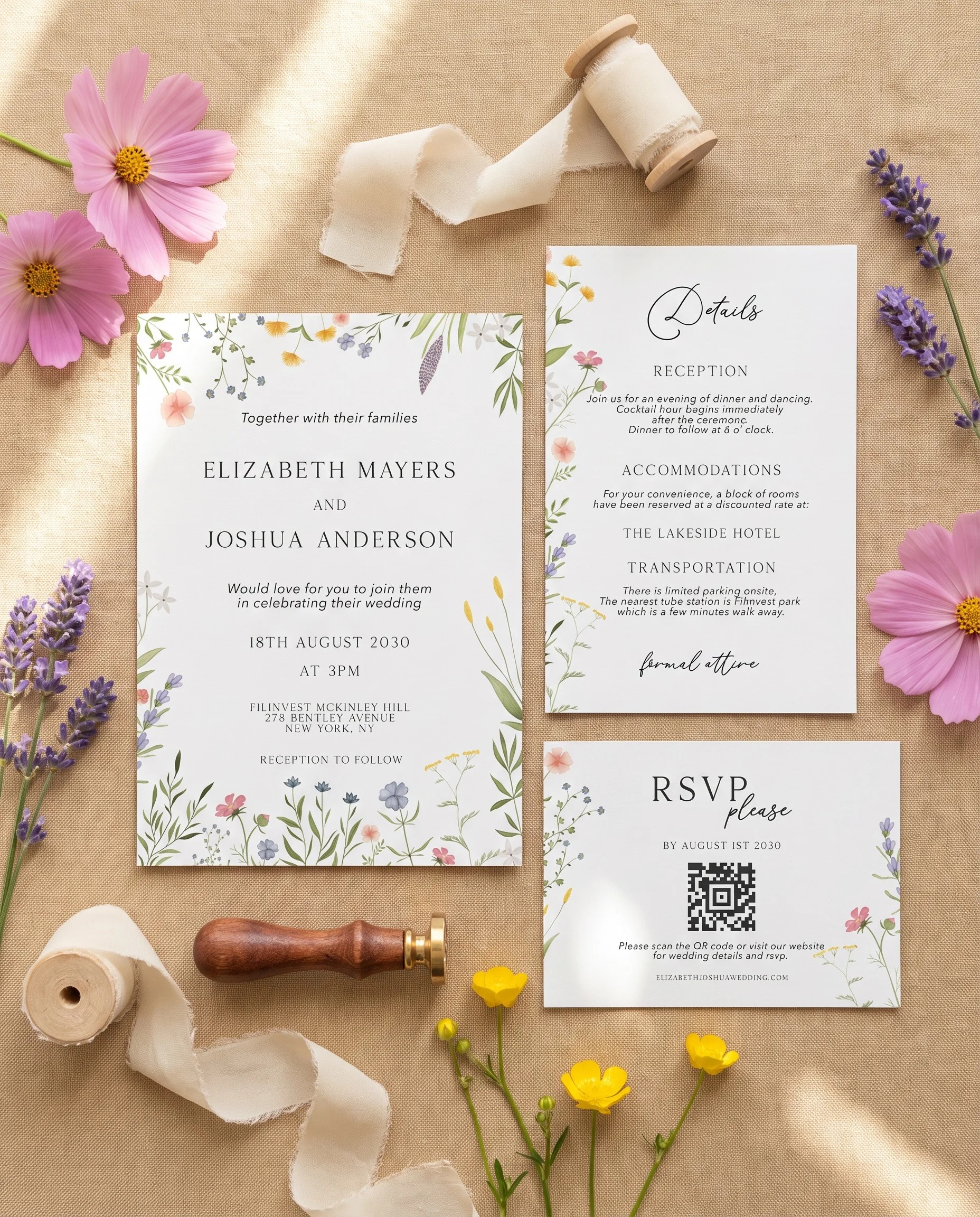Floret Veil wedding invitation set — invitation, details card and RSVP shown in a flat lay, printable wedding invitations.