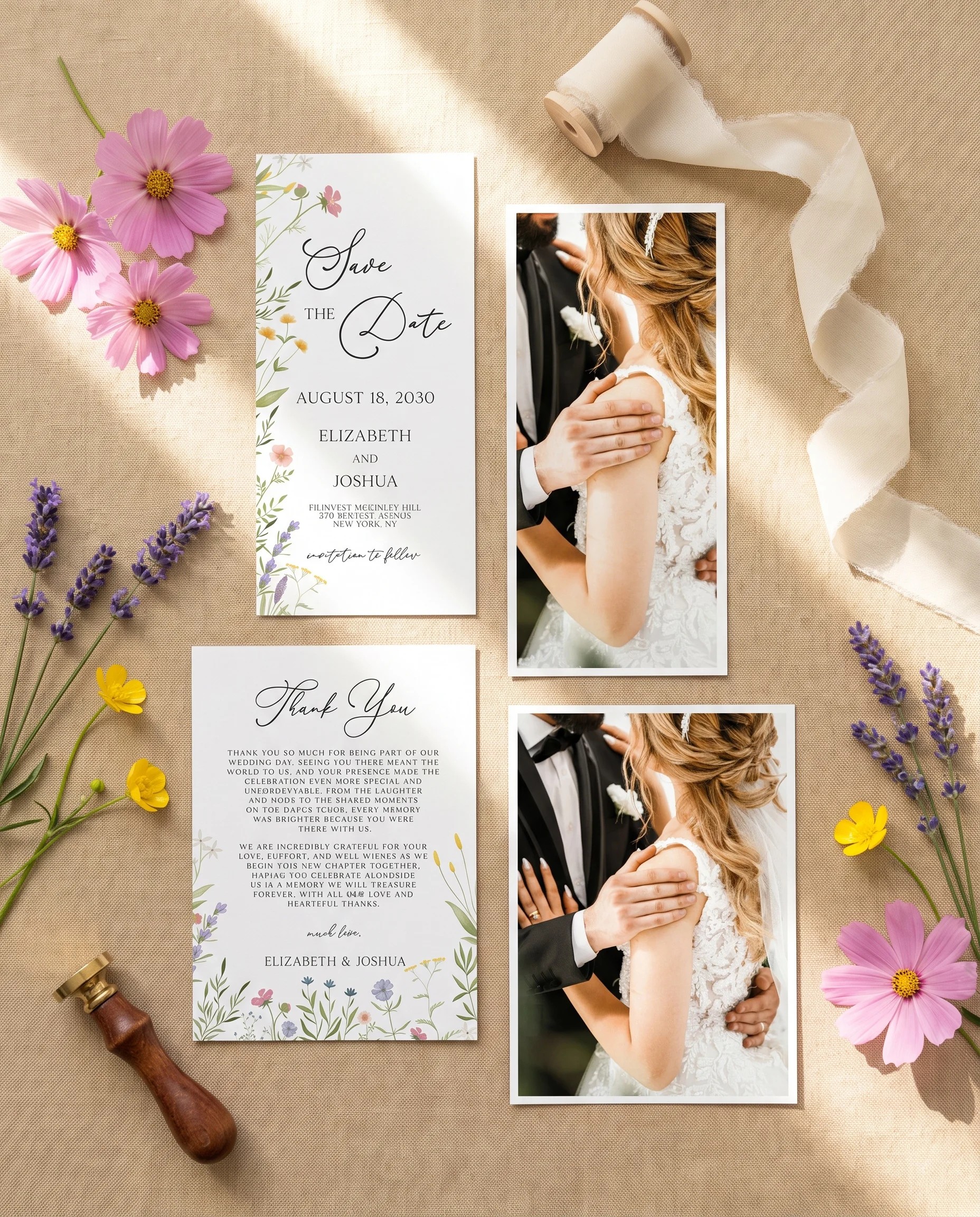 Floret Veil wedding invitation set — save the date and thank you card shown in a flat lay, wedding invitation templates.