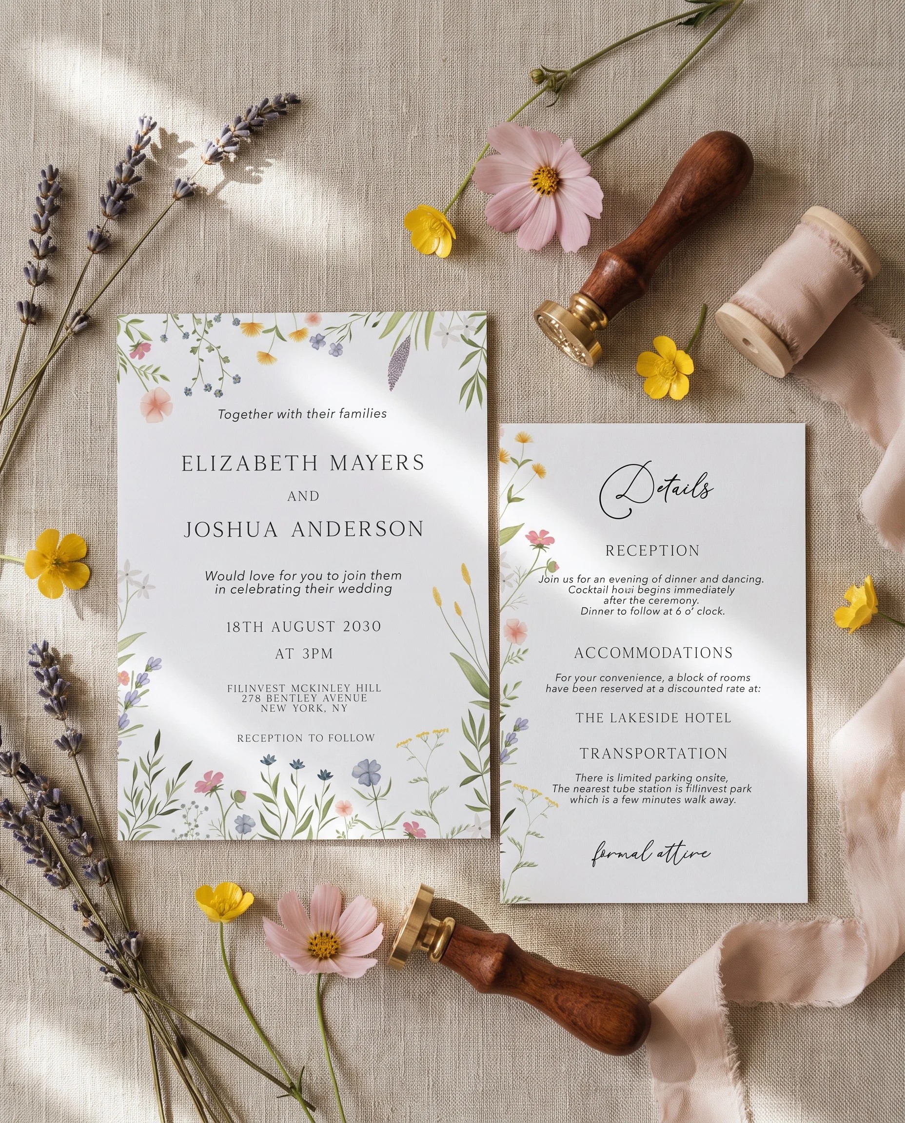 Floret Veil wedding invitation suite — invitation and details card arranged together in a flat lay, wedding details card.