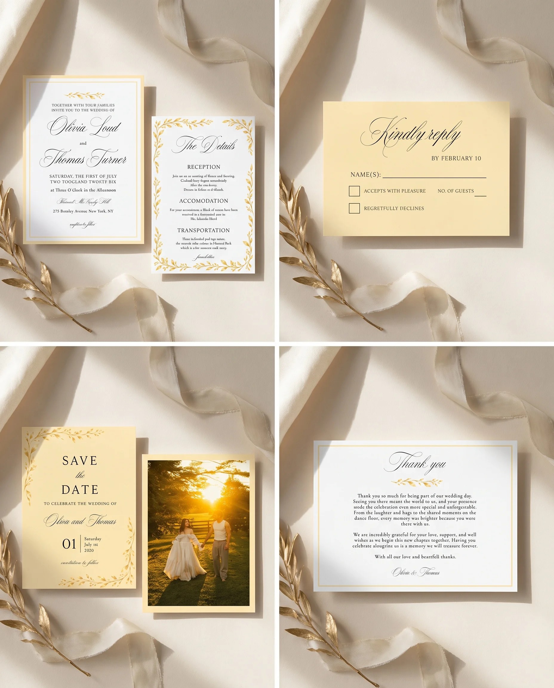 Gilded Bough wedding invitation set — Invitation, details card, RSVP, save the date and thank you card shown in a flat lay, wedding invitation suite