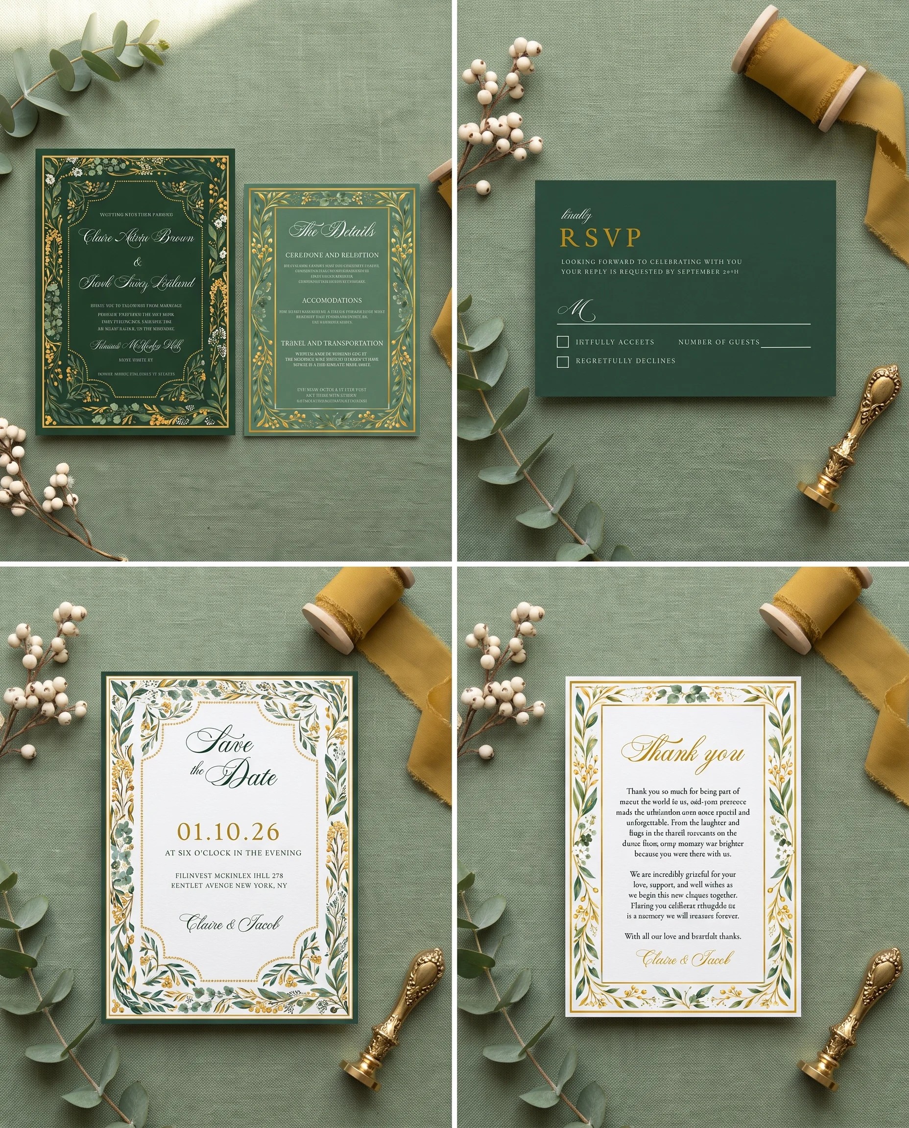 Gilded Foliage wedding invitation set — Invitation, details card, RSVP, save the date and thank you card shown in a flat lay, wedding invitation suite