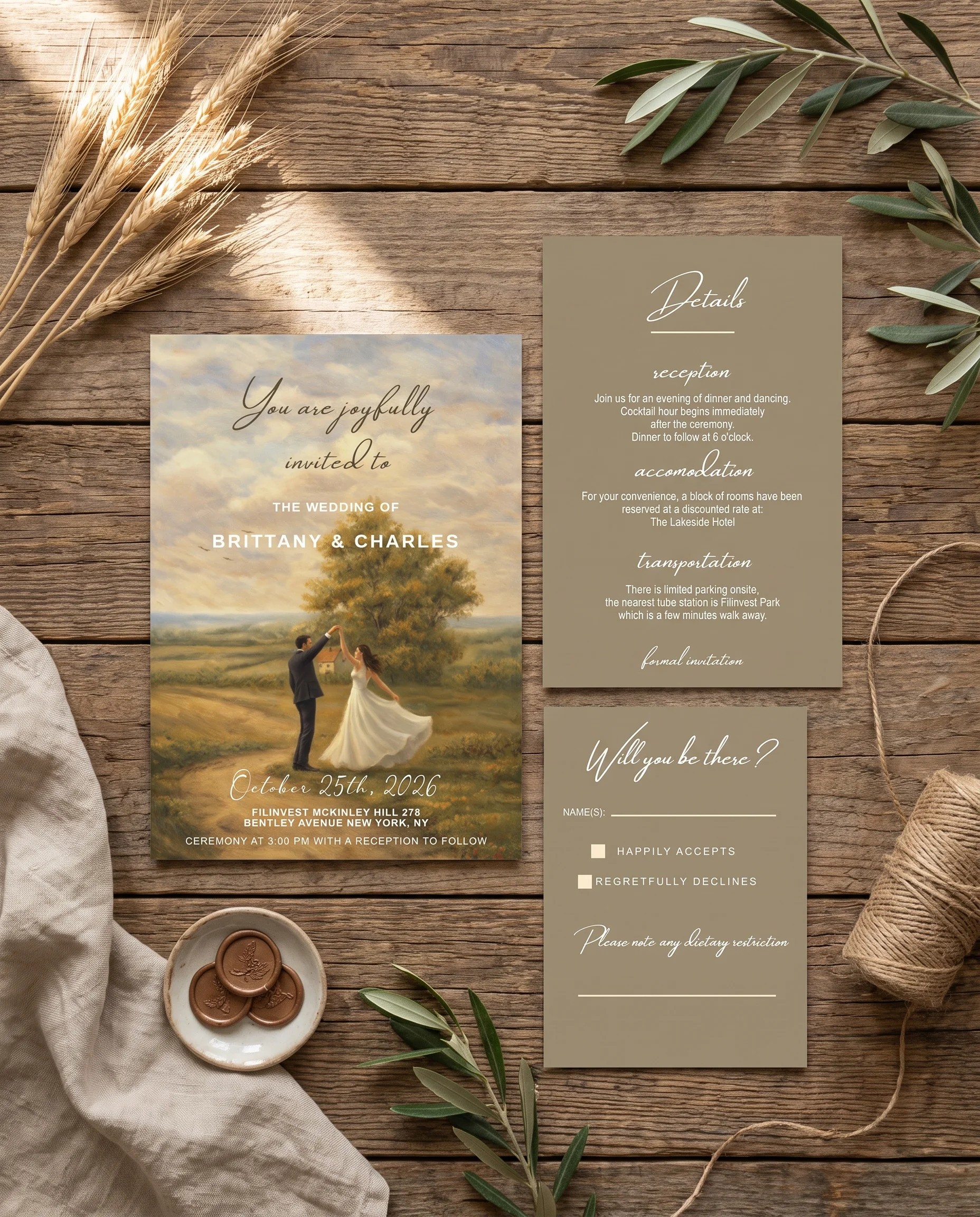 Golden Vale wedding invitation suite — invitation, details card and RSVP shown in a flat lay, wedding invitation templates.