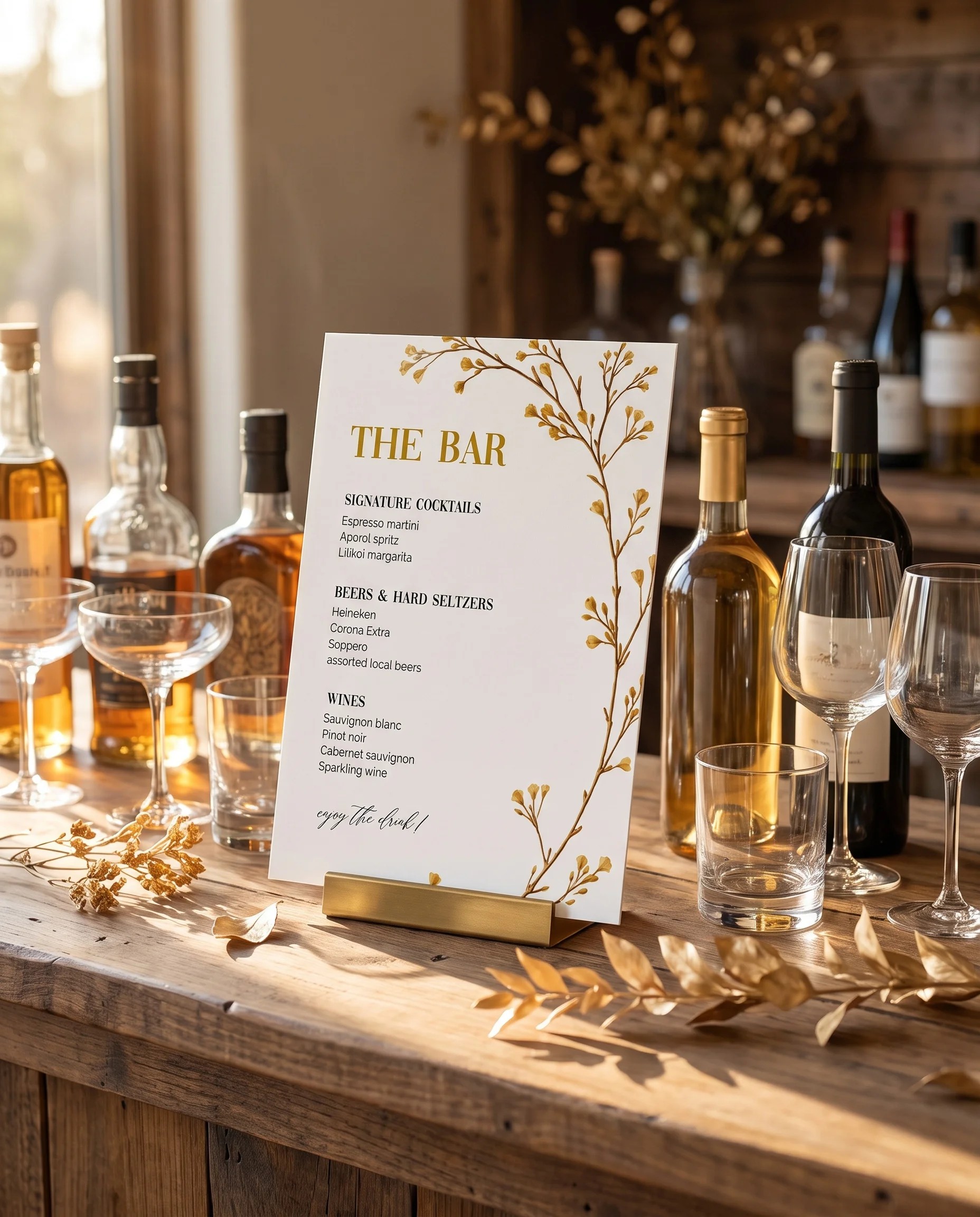 Golden Vine — bar menu page displayed on a drinks station under soft natural light, bar menu template.