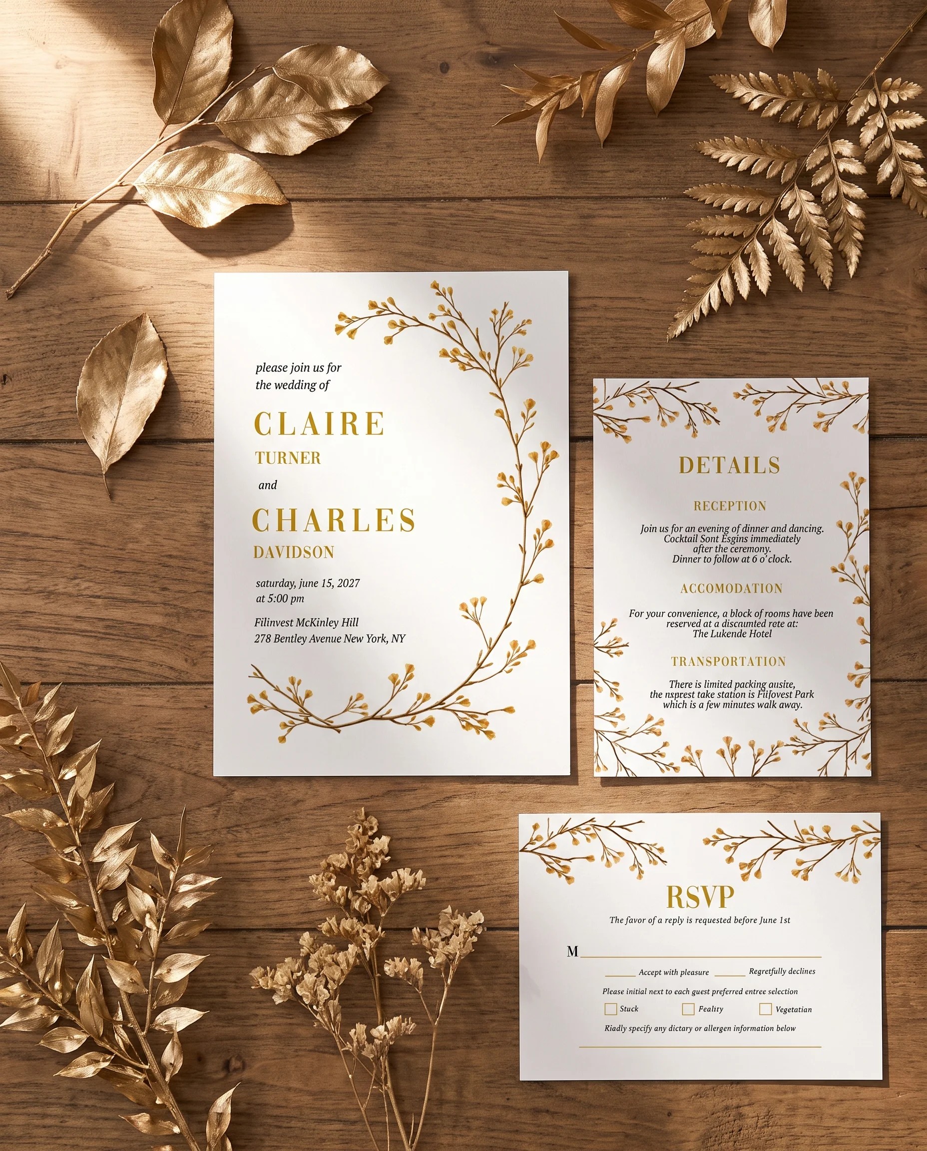 Golden Vine wedding invitation set — Invitation, details card and RSVP card shown in a flat lay, printable wedding invitations