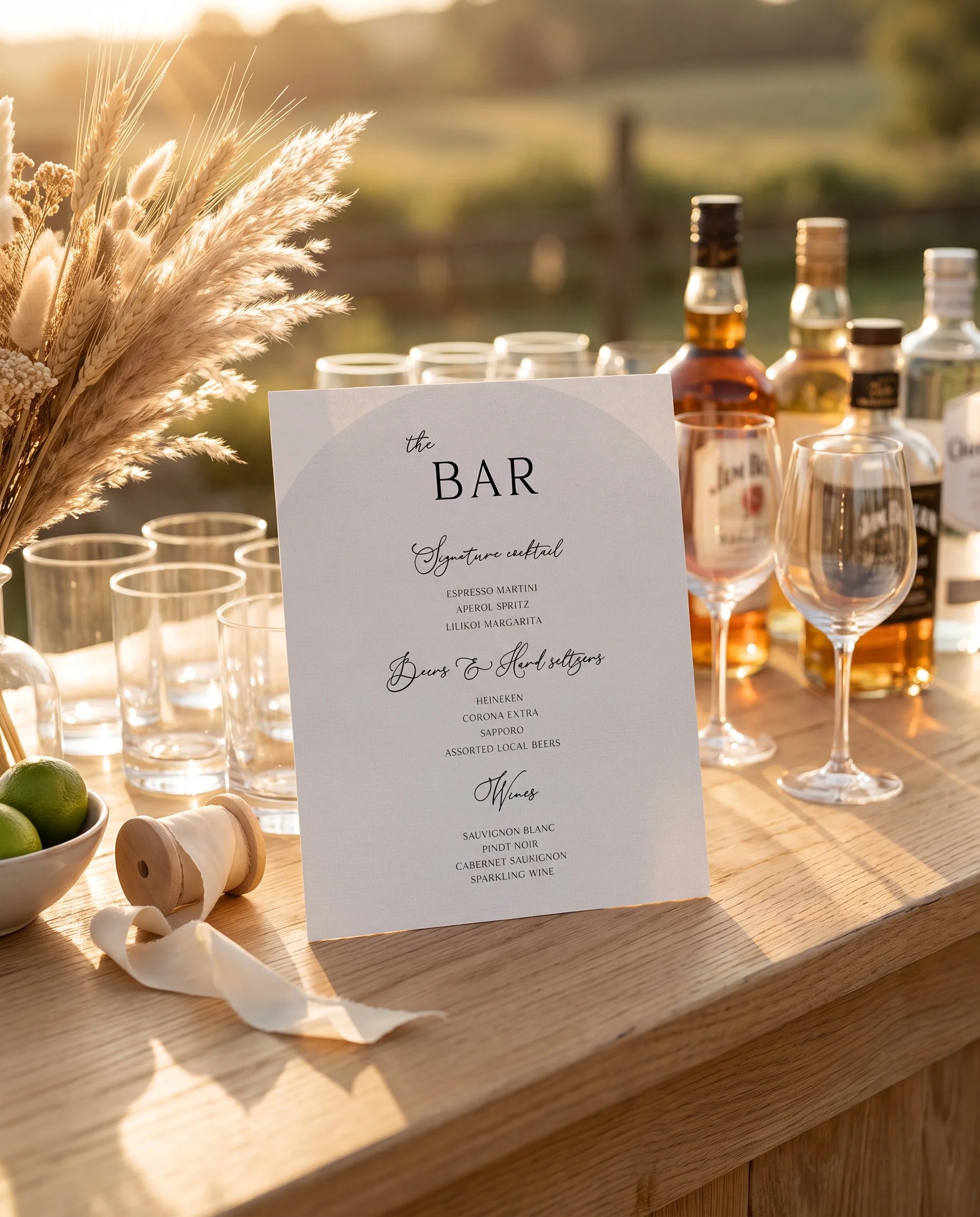 Halo Arch — bar menu displayed on a drinks station under soft natural light with a slight overhead angle, bar menu template
