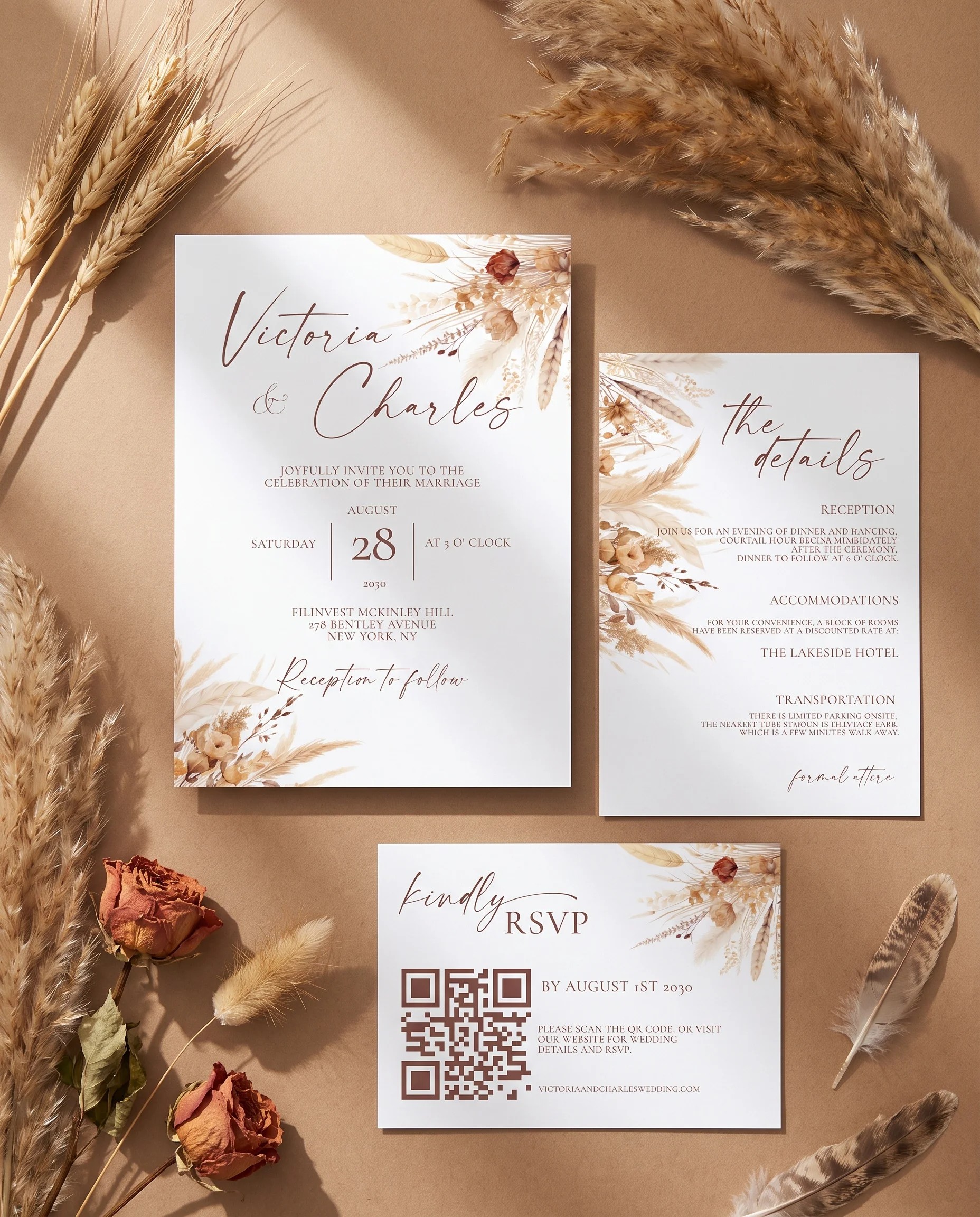Harvest Script wedding invitation set — page 1, page 2, page 3, printable wedding stationery template