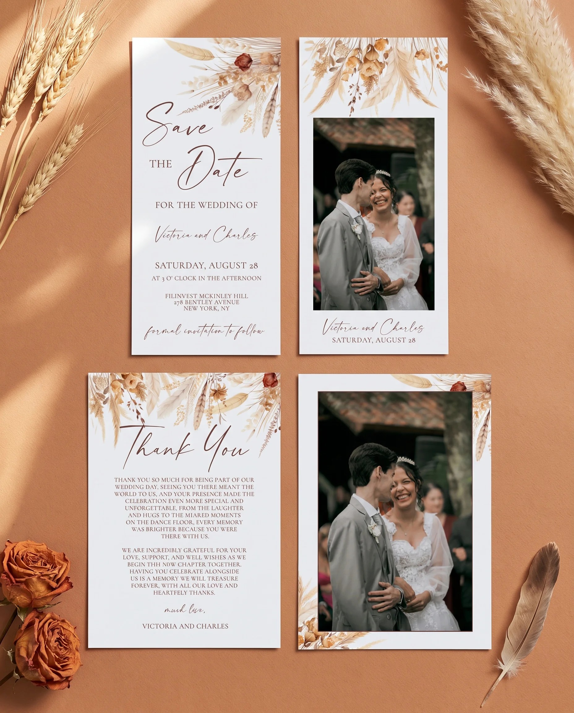 Harvest Script wedding invitation set — invitation, details card, RSVP card, thank you card, printable wedding stationery template