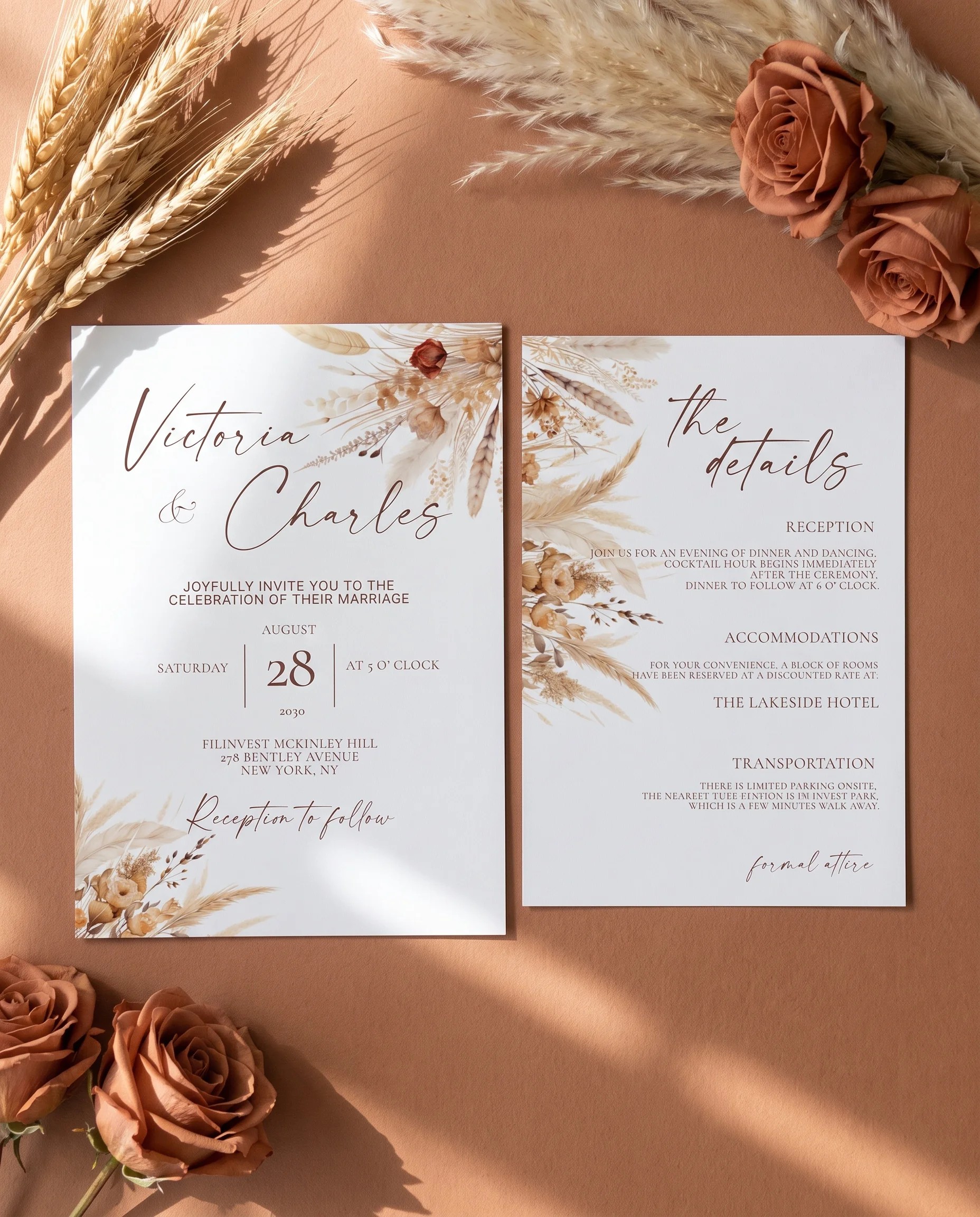Harvest Script wedding invitation suite — invitation and details card shown in a flat lay under soft natural light, wedding details card.