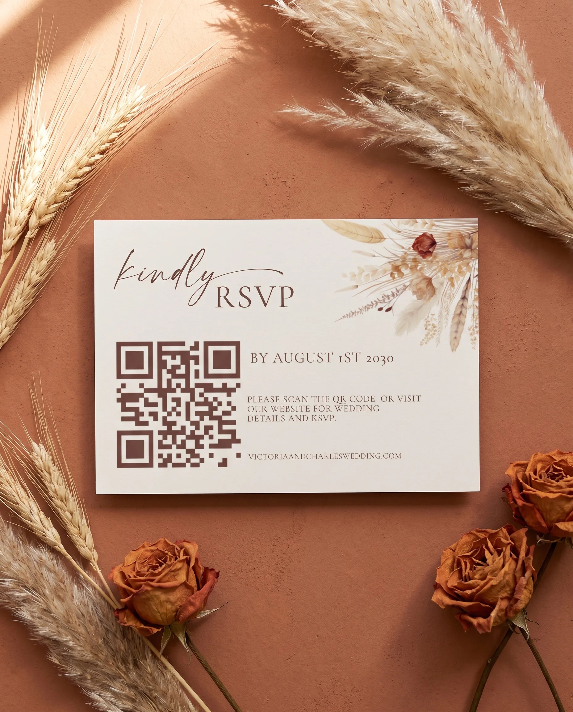 Harvest Script wedding invitation suite — RSVP card shown in a flat lay, wedding RSVP cards.