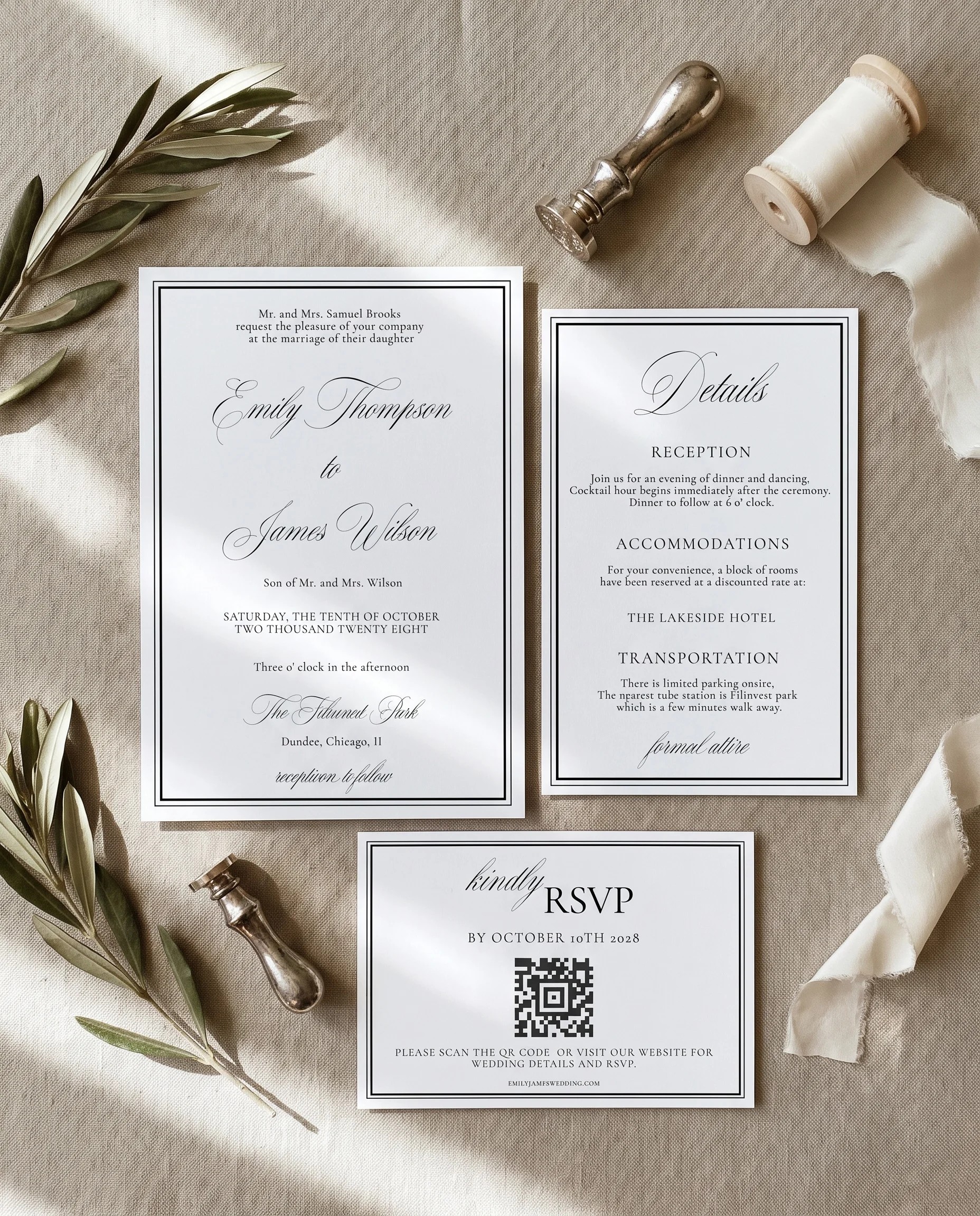 Heirloom wedding invitation set — three pages shown in flat lay view, printable wedding stationery template