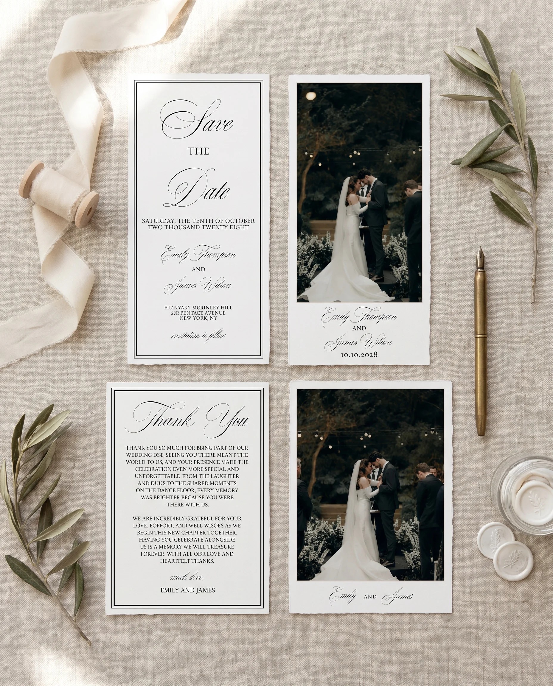 Heirloom wedding invitation set — pages four, five, six, and seven shown flat, printable wedding stationery template