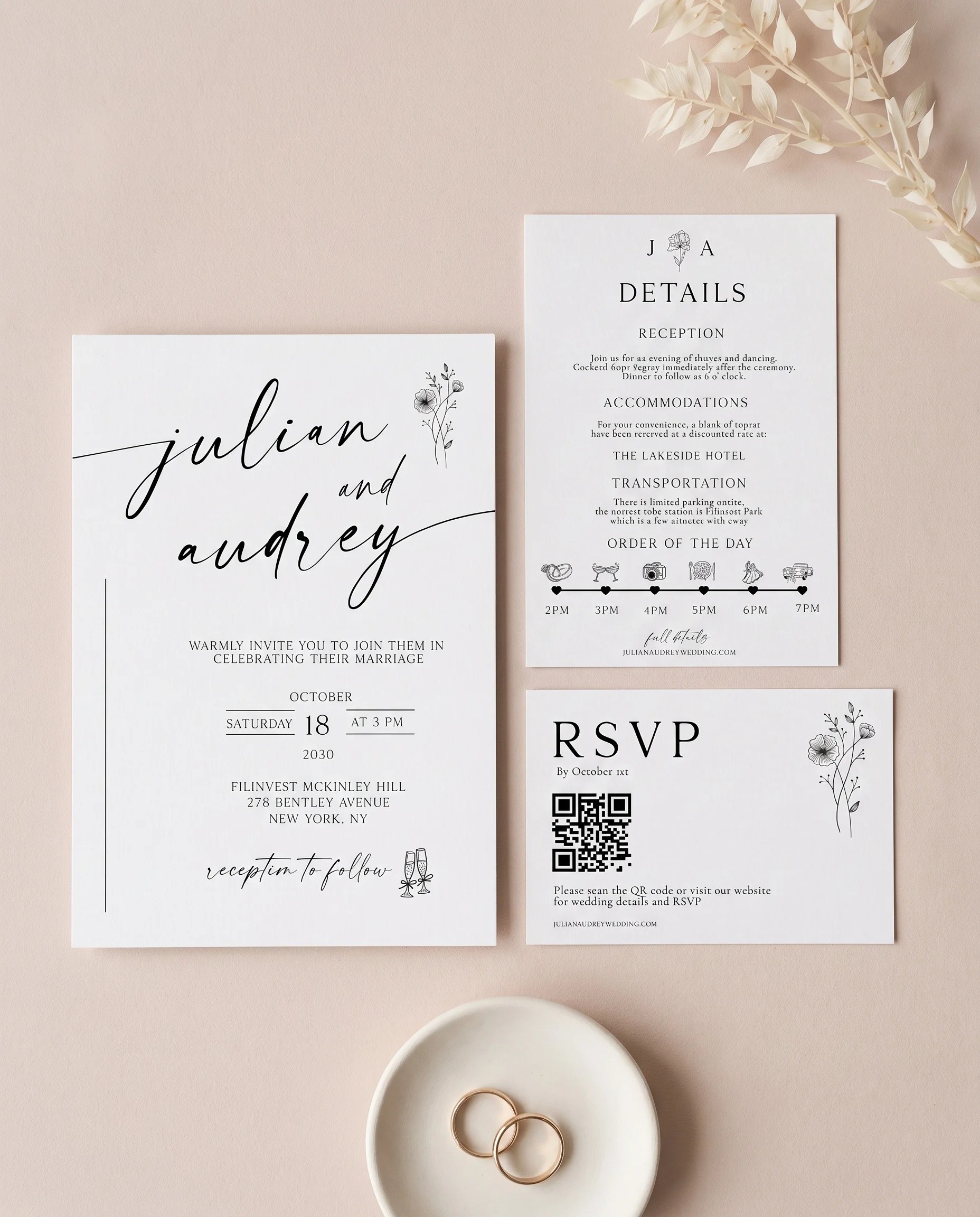 Hush Bloom wedding invitation set — page one, page two, and page three, printable wedding stationery template
