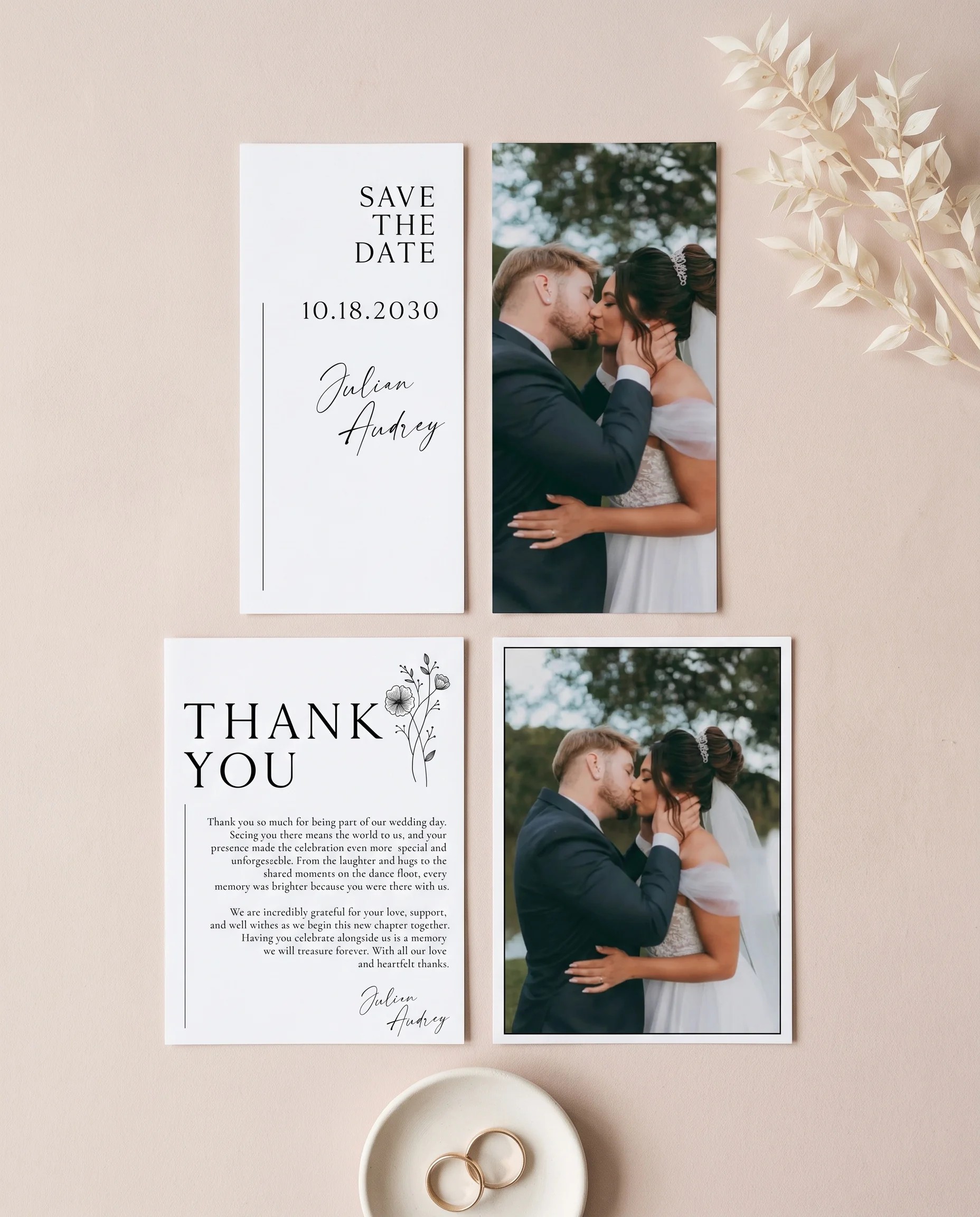 Hush Bloom wedding invitation set — invitation, details card, RSVP card, and thank you card, printable wedding stationery template