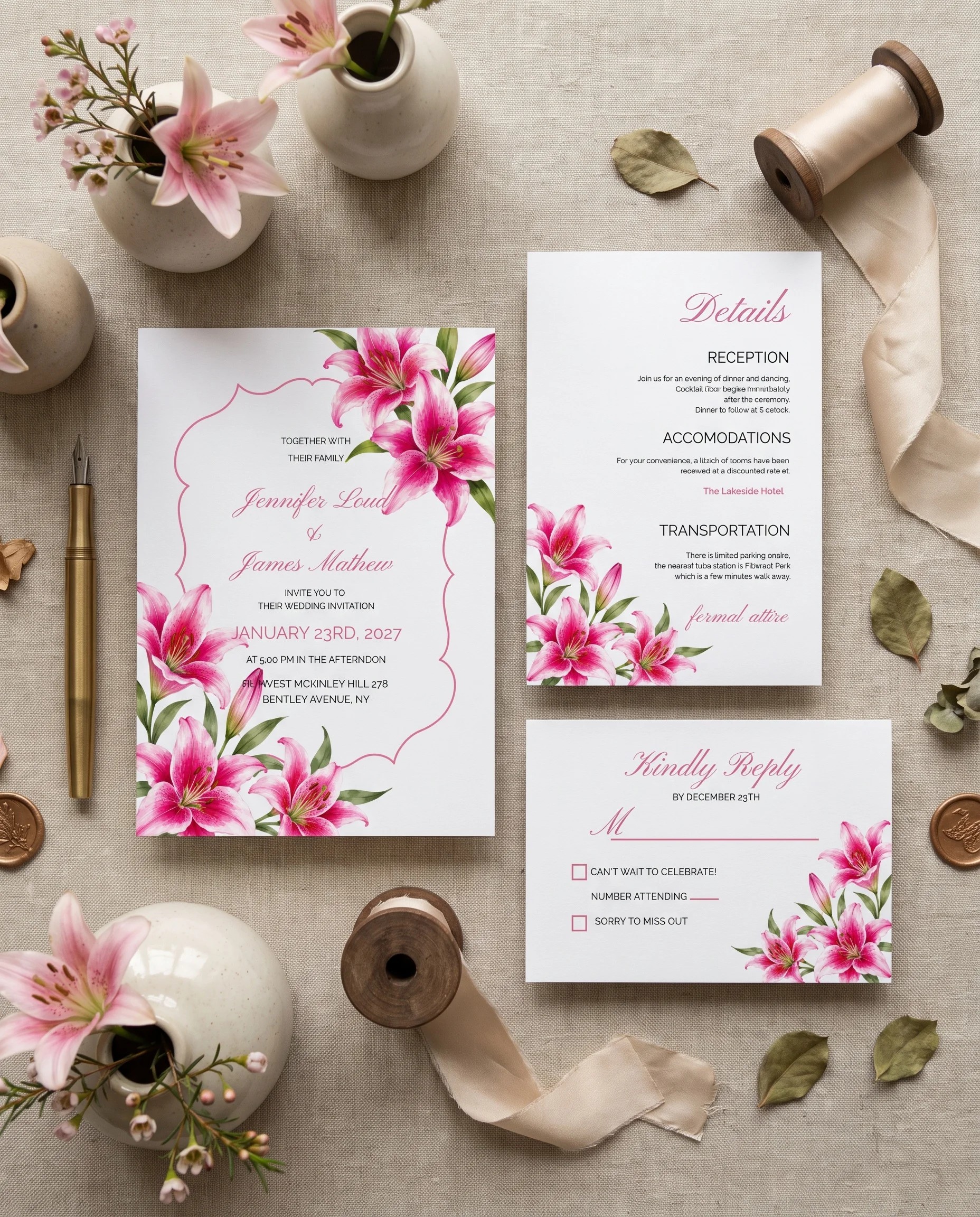 Lily Bloom wedding invitation suite — invitation, details card and RSVP shown in a flat lay, wedding invitation templates