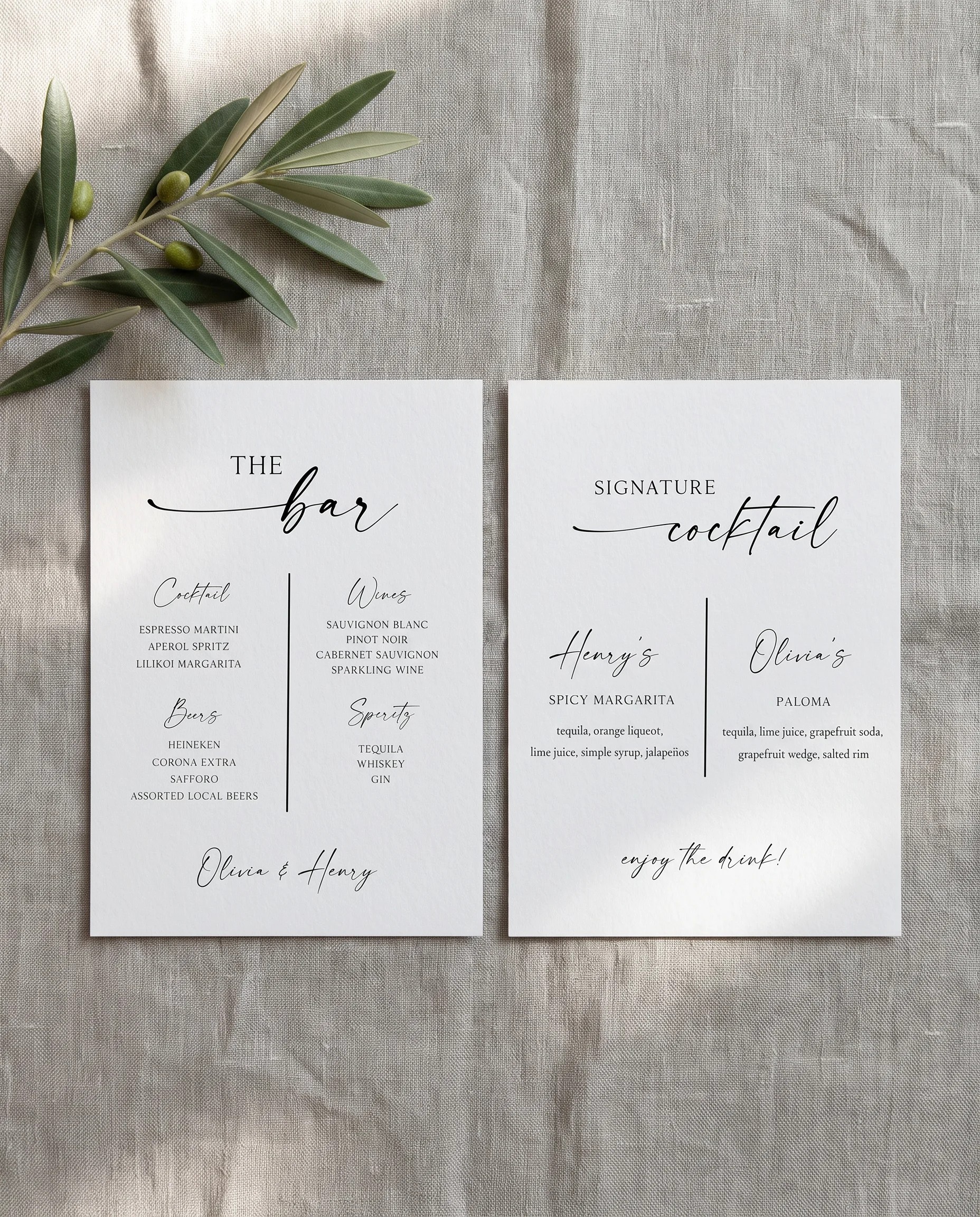 Liminal — flat lay of two menu sheets on premium editorial paper under soft natural light, wedding bar menu.