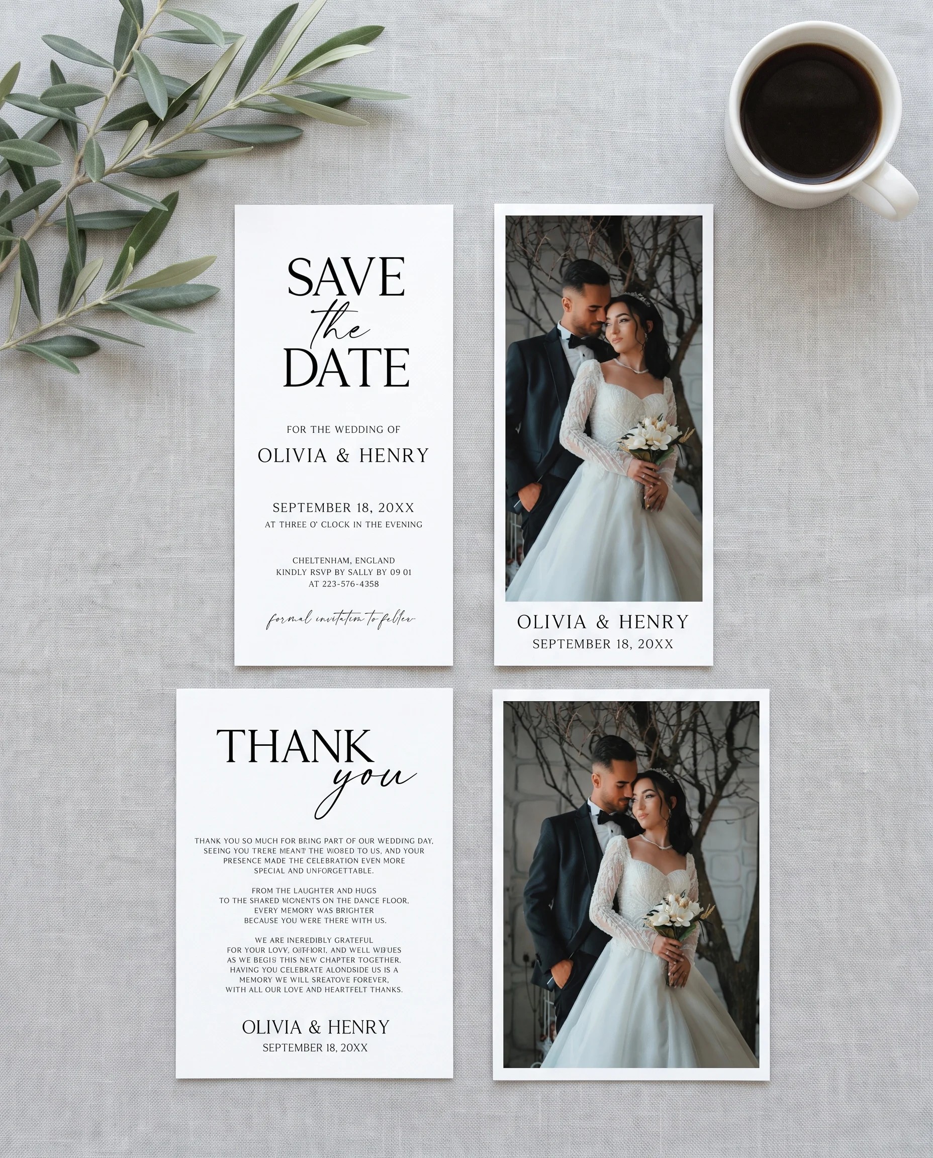 Liminal wedding invitation set — save the date and thank you card arranged together in a flat lay, wedding invitation templates.