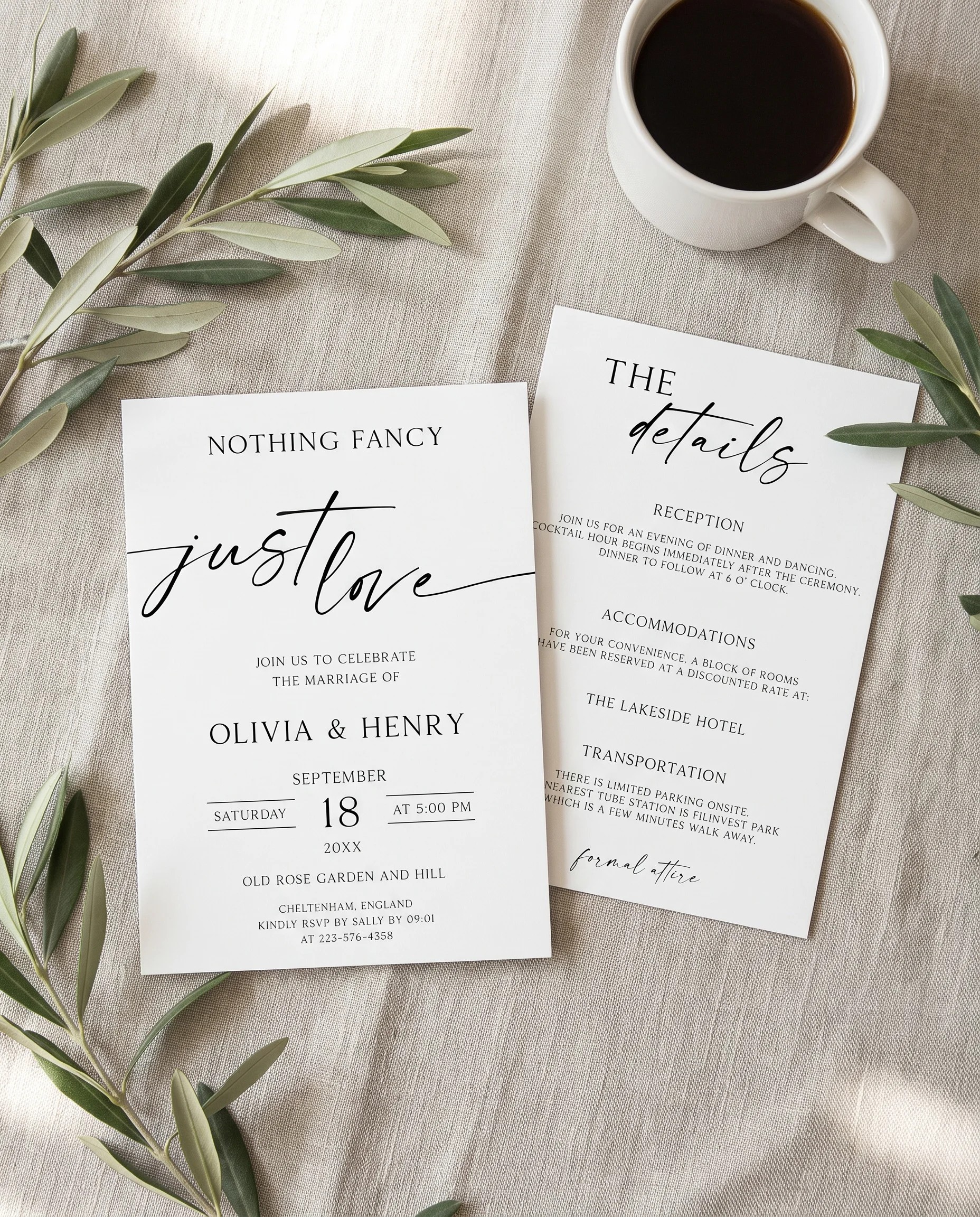 Liminal wedding invitation suite — invitation and details card shown in a flat lay under soft natural light, wedding details card.