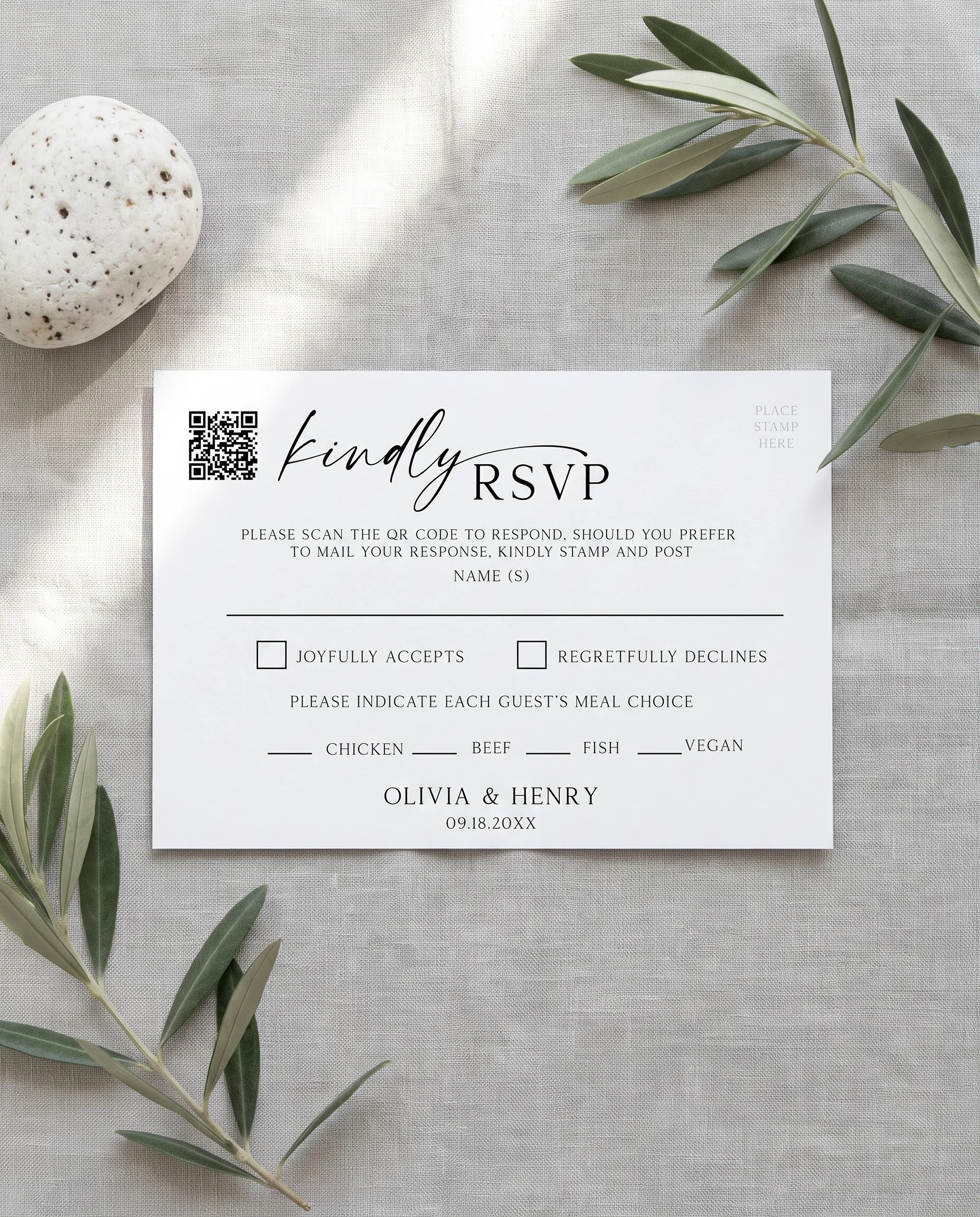 Liminal wedding invitation suite — RSVP card shown in a flat lay on premium editorial paper under soft natural light, wedding RSVP cards.