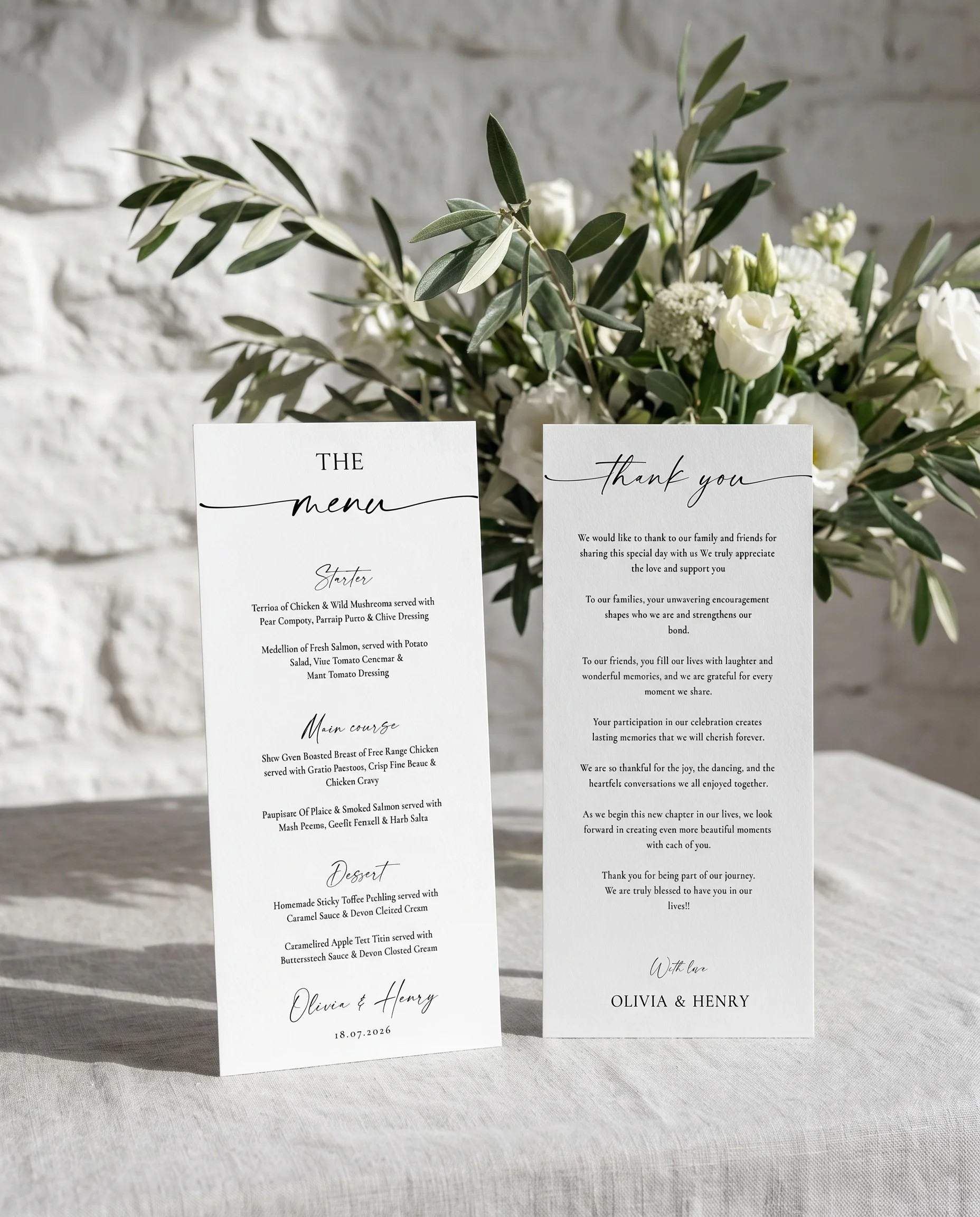 Liminal wedding menu — two menu pages standing upright on a reception table under soft natural light, wedding menu template.