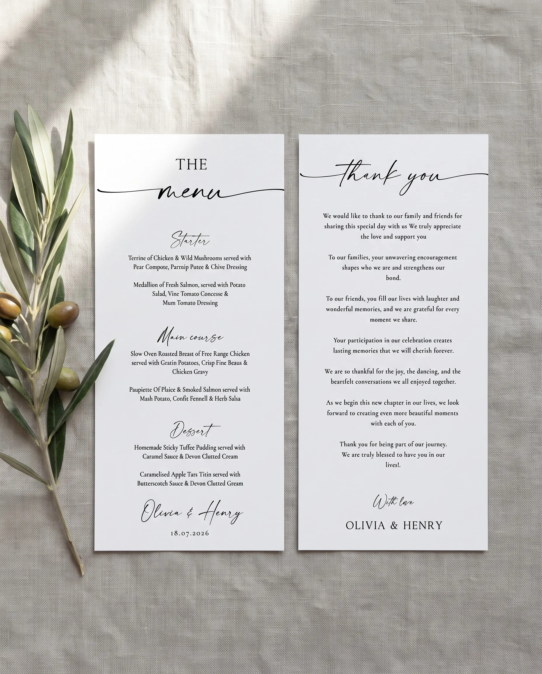 Liminal wedding menu — two menu pages laid flat on premium editorial paper under soft natural overhead light, wedding menu.