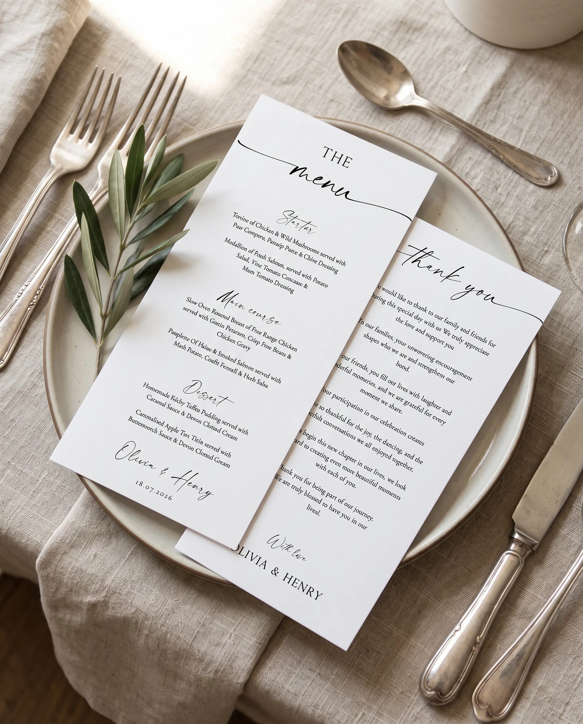 Liminal wedding menu — menu and thank you card on a plate at a place setting, soft natural light, wedding menu cards.