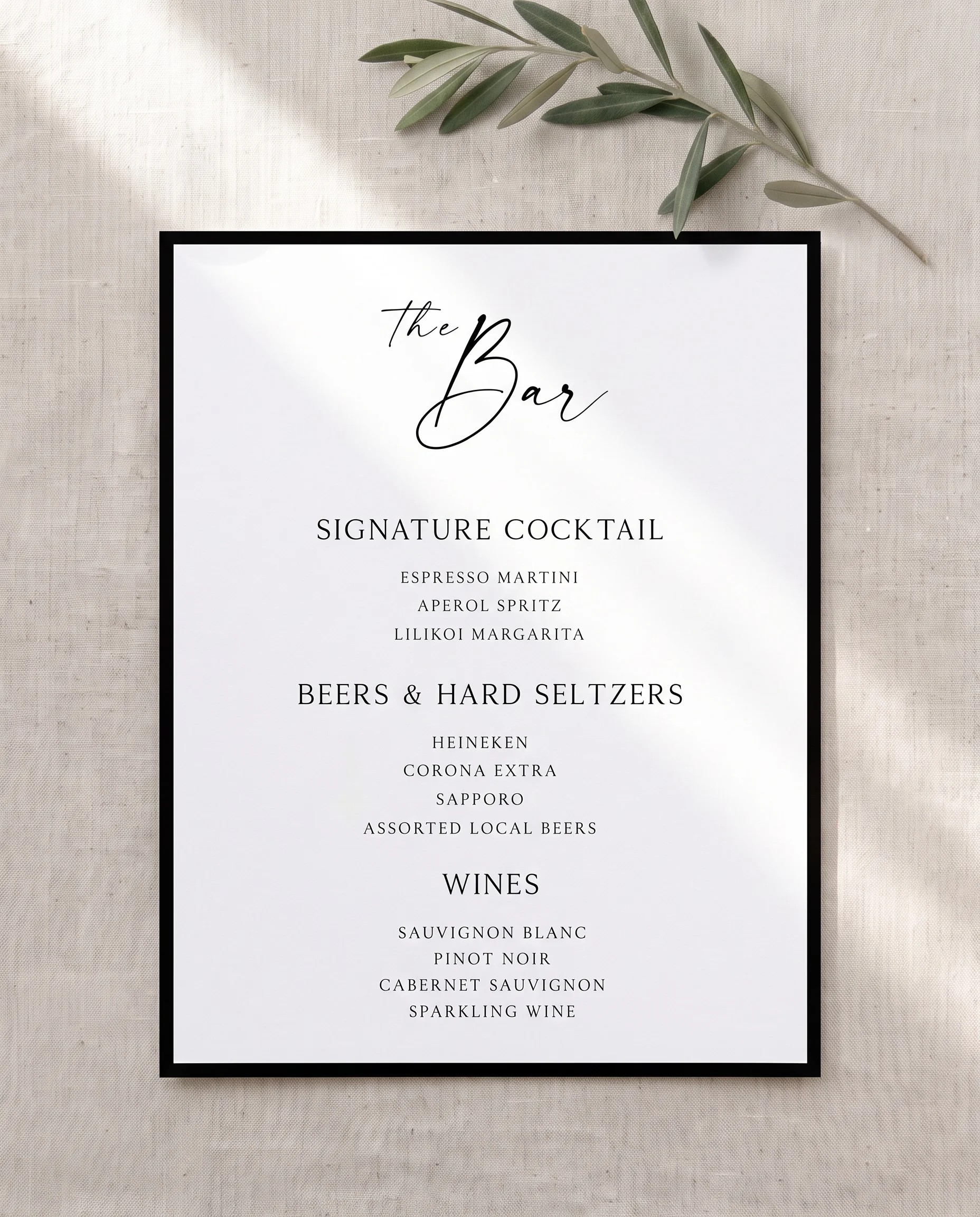 Lumen Frame — single page bar menu shown flat on premium editorial paper under soft natural light, wedding bar menu.