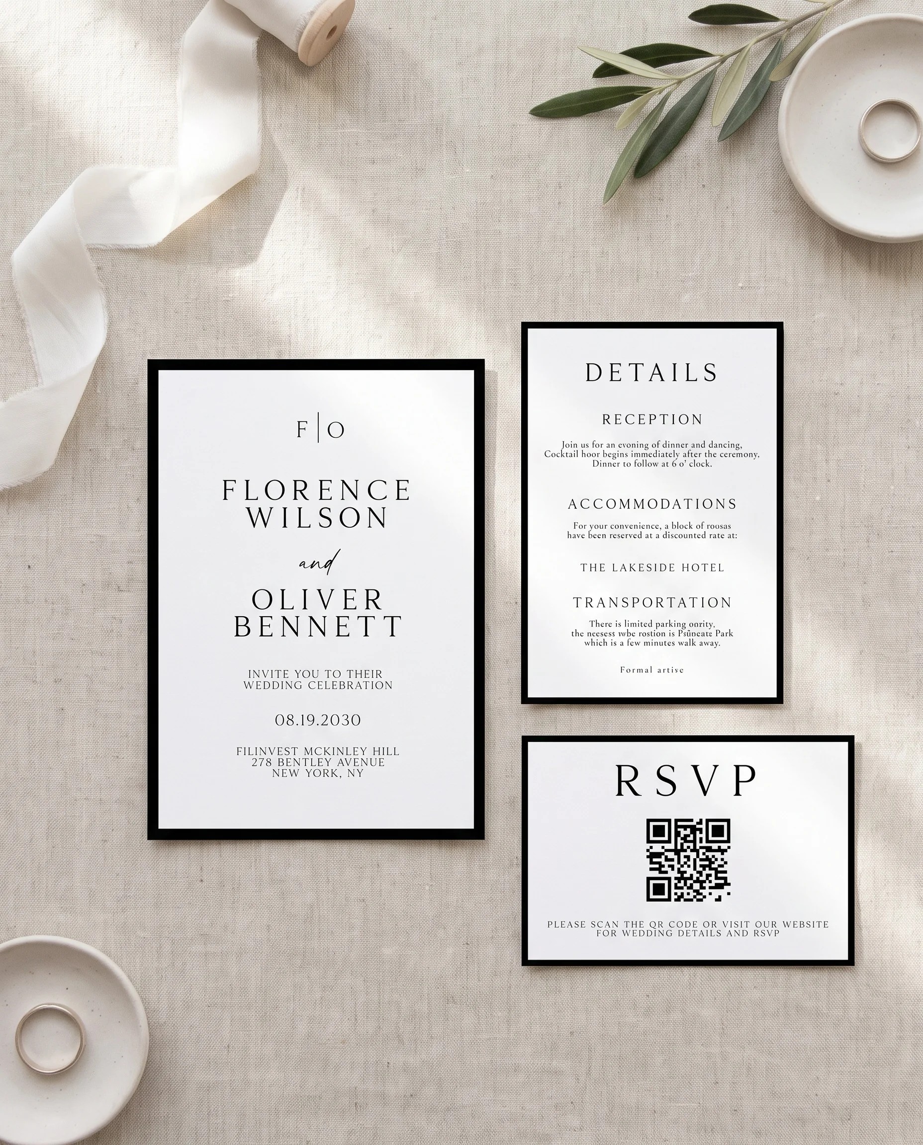 Lumen Frame wedding invitation set — invitation, details card, and RSVP card, printable wedding stationery template