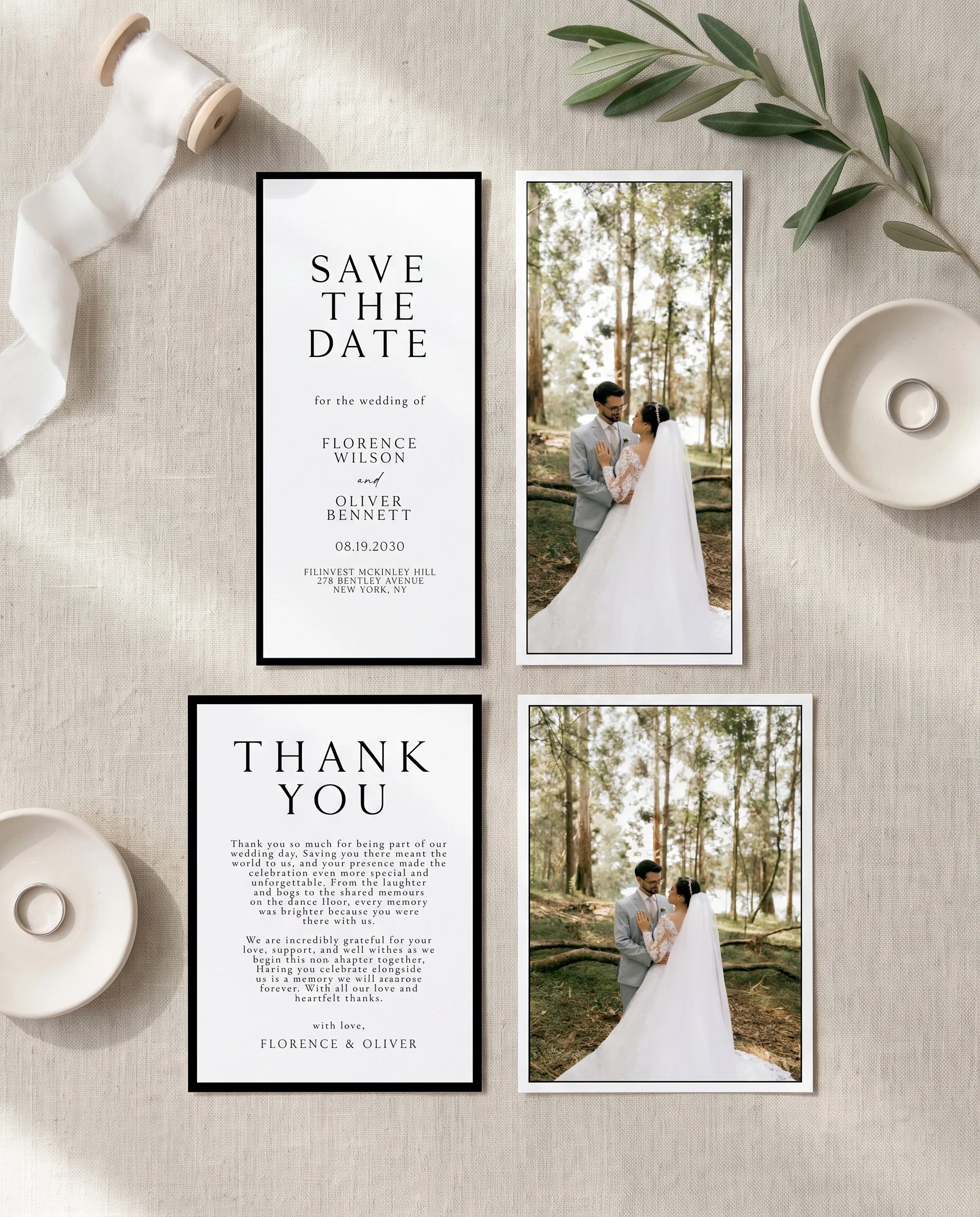 Lumen Frame wedding invitation set — invitation, details card, RSVP card, thank you card, printable wedding stationery template