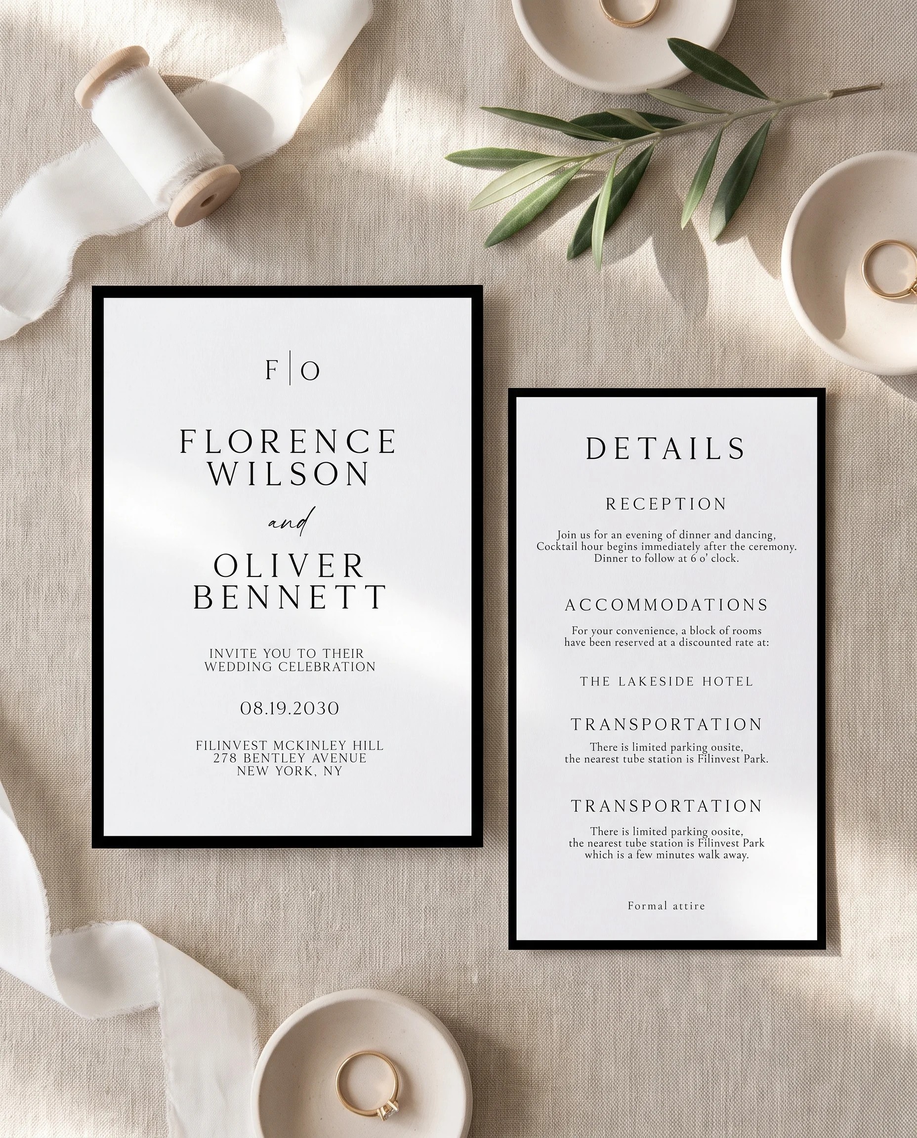 Wedding invitation suite — invitation and details card shown in a flat lay on premium editorial paper, wedding details card.