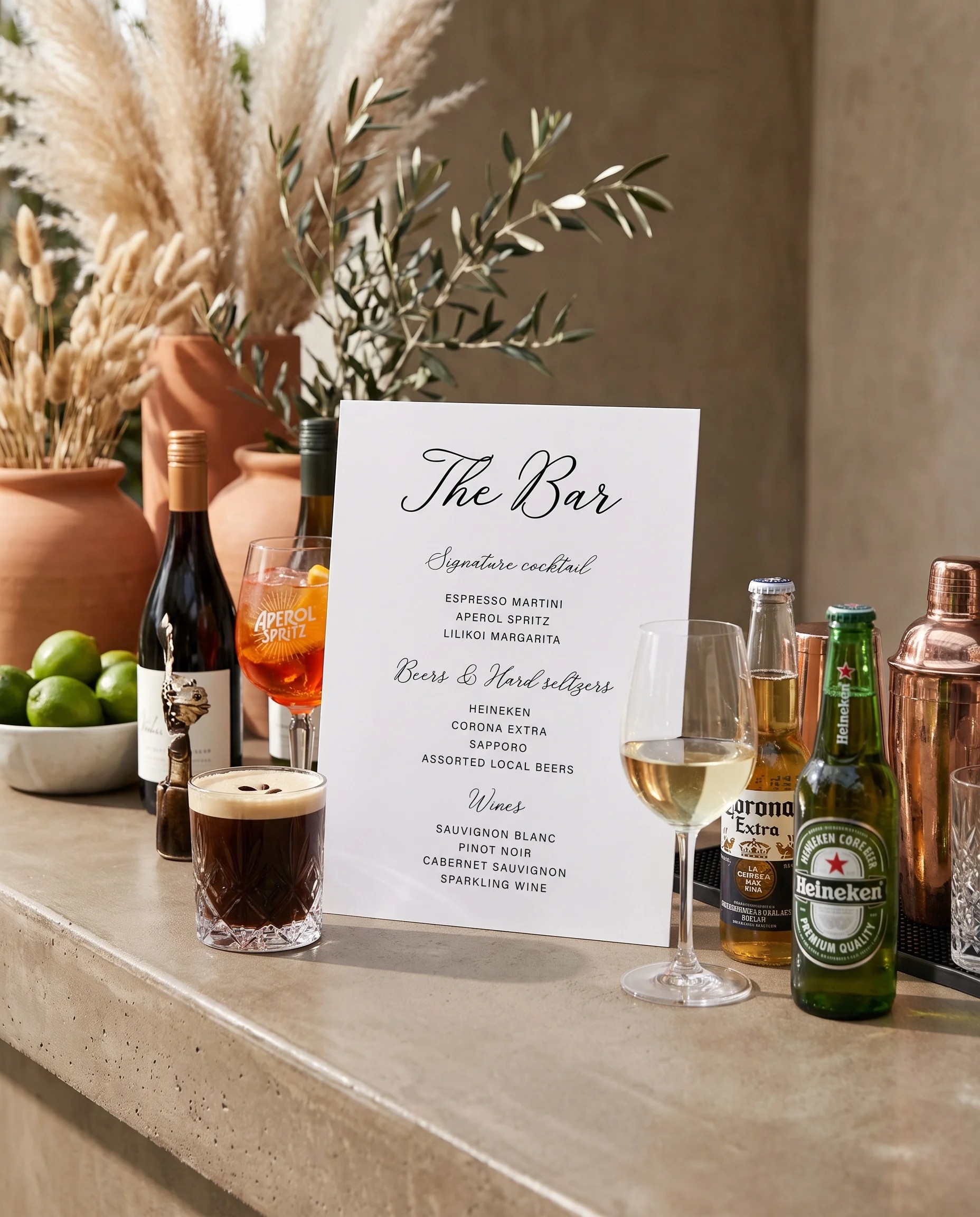 Lyris — bar menu page on a drinks station, shot from a slight overhead angle in soft natural light, bar menu template.