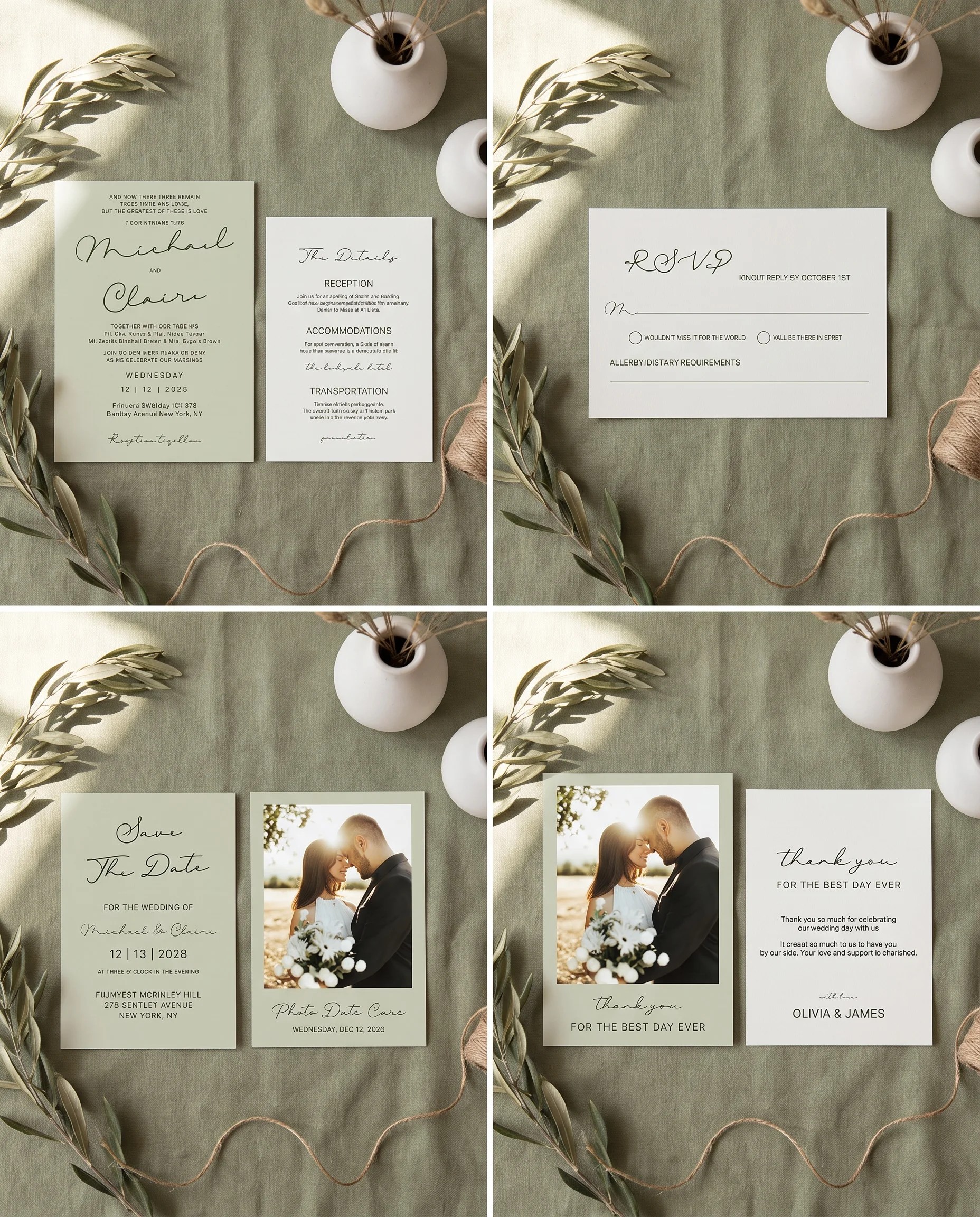 Manor Etching wedding invitation set — invitation, details card, RSVP, save the date and thank you card, flat lay, wedding invitation suite.