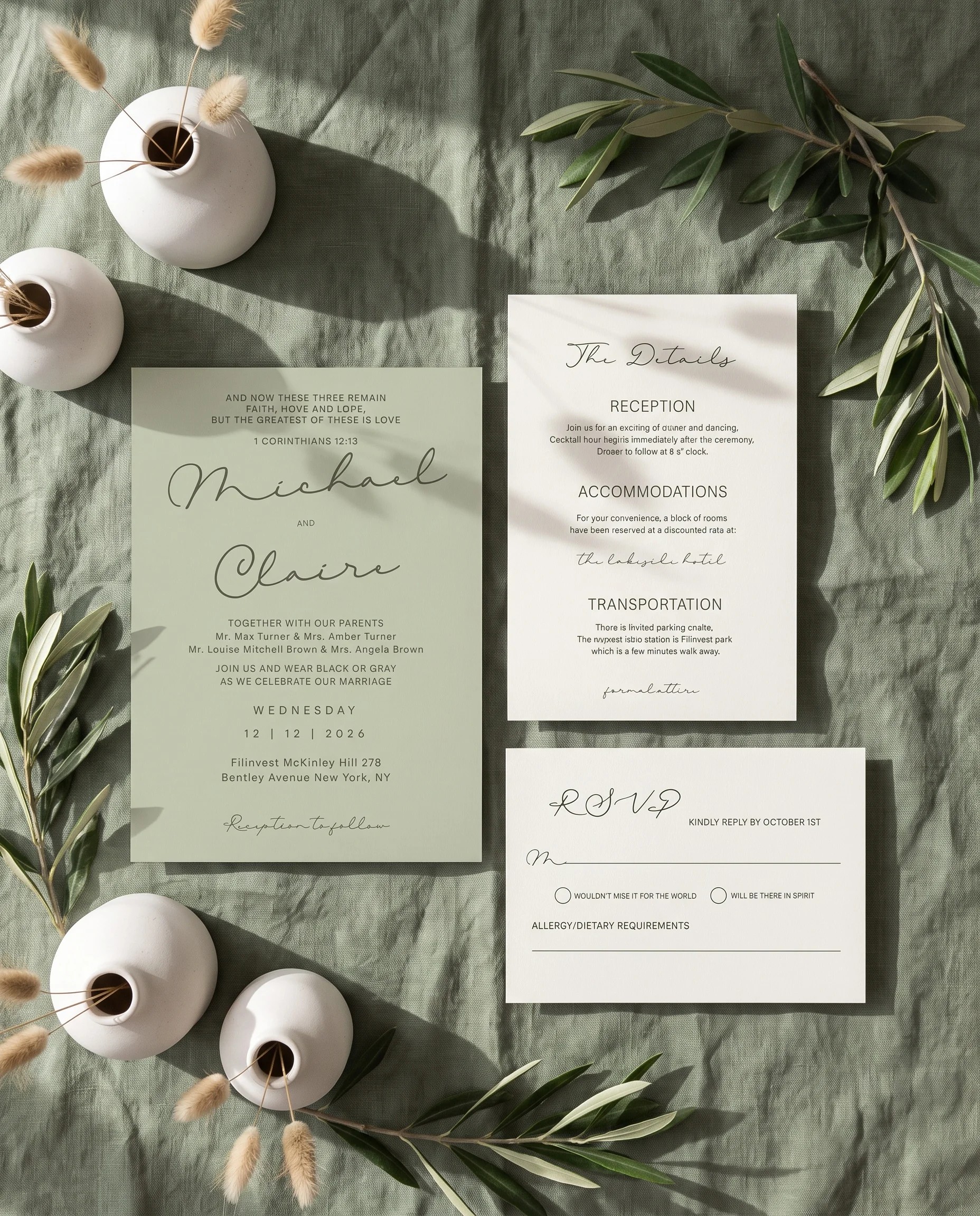Manor wedding invitation suite — invitation, details card and RSVP shown in a flat lay under soft natural light, wedding invitation templates.