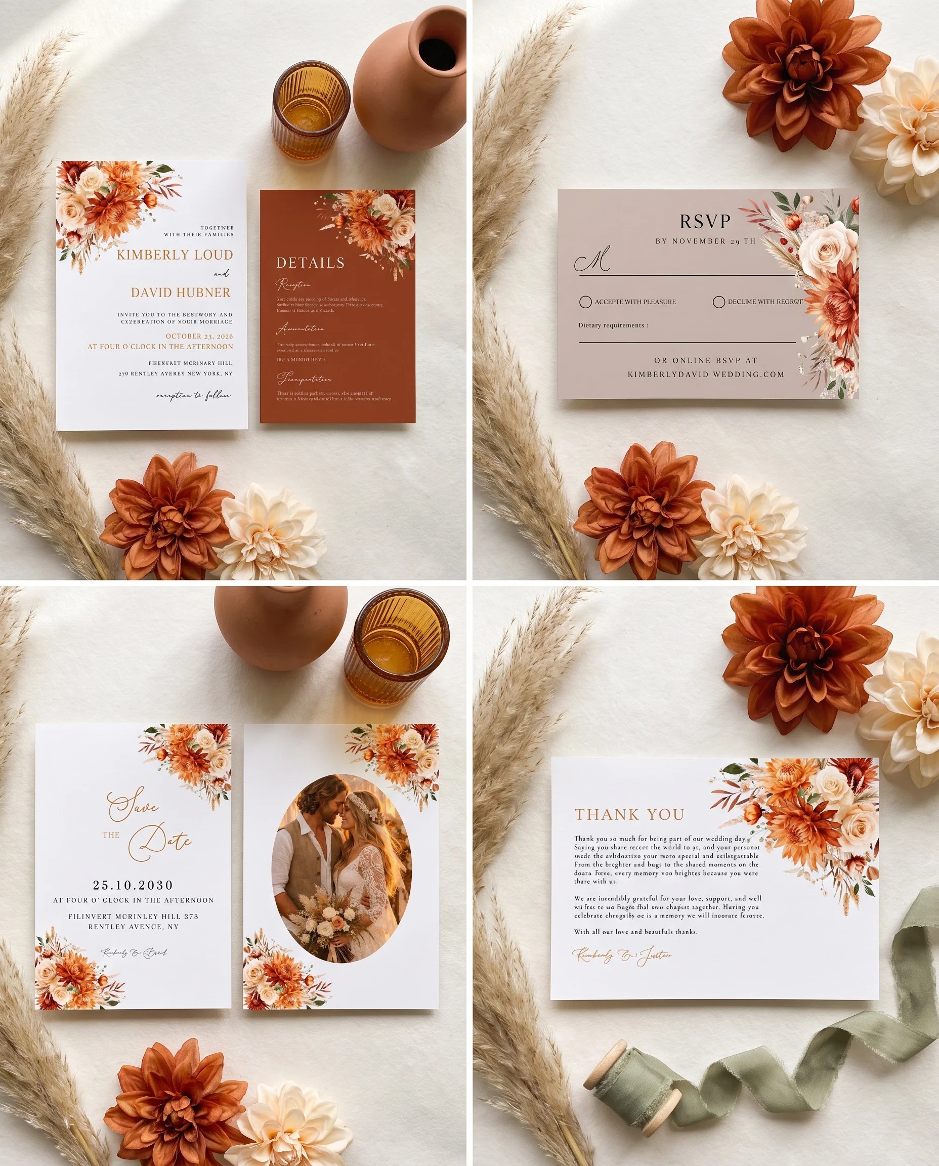 Marigold wedding invitation set — invitation, details card, RSVP, save the date and thank you card shown in flat lay, wedding invitation suite