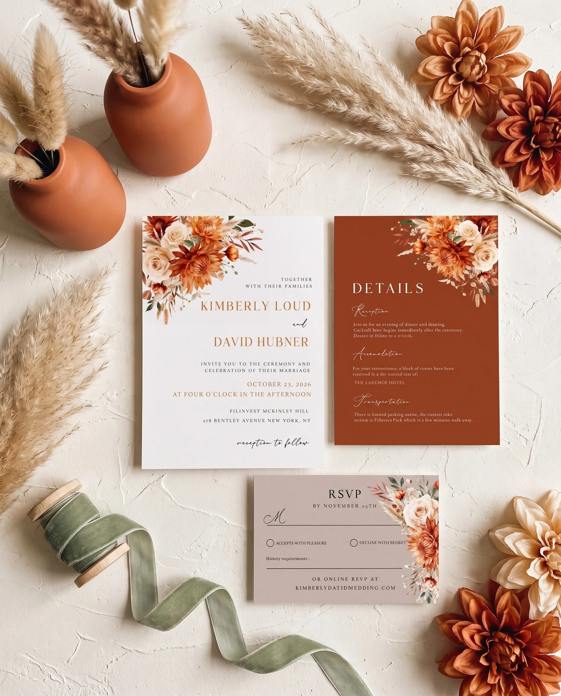 Marigold wedding invitation suite — invitation, details card and RSVP shown in a flat lay, wedding invitation templates.