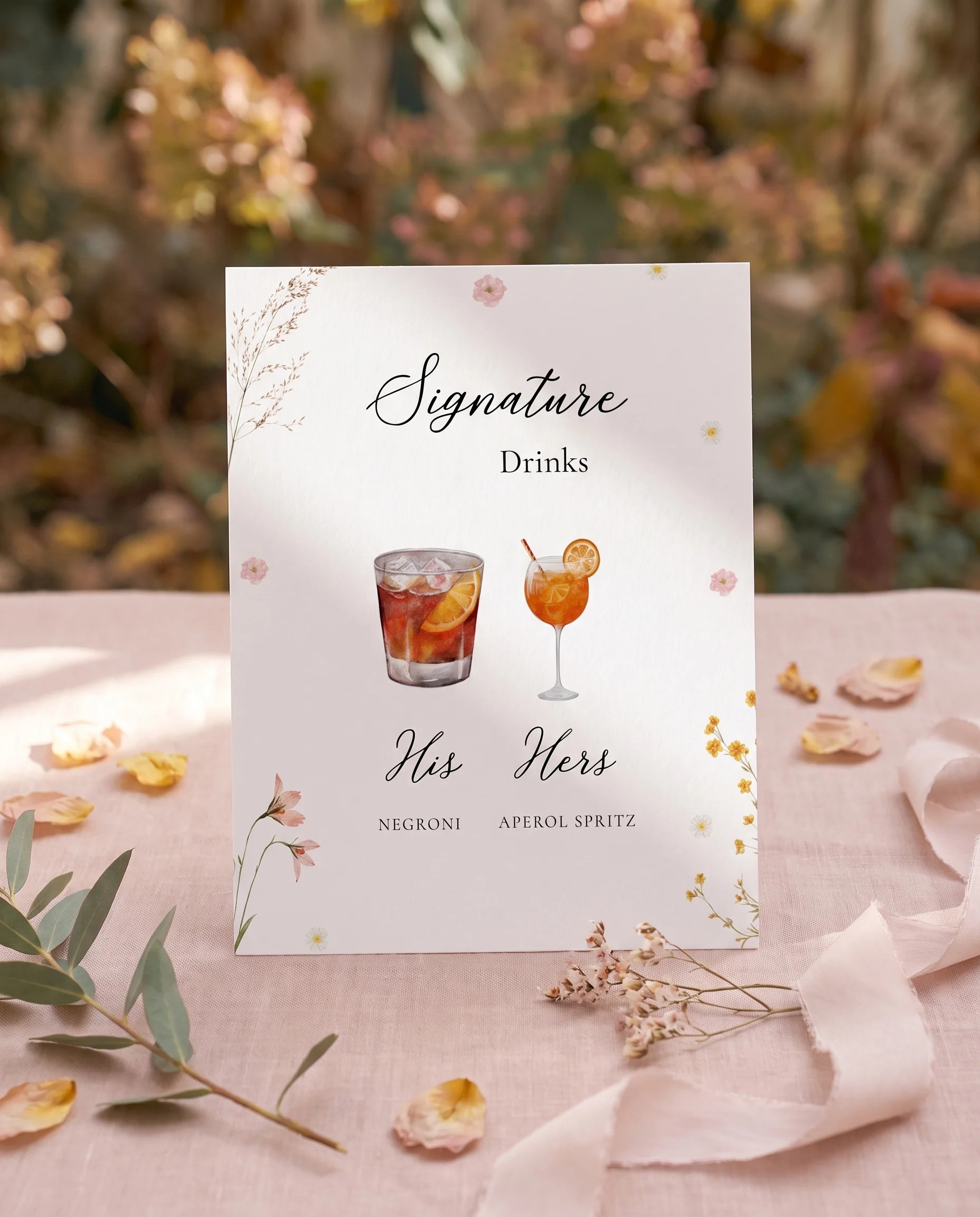 Marigold Petal — bar menu displayed upright on premium editorial paper under soft natural light at a slight overhead angle, wedding bar sign.