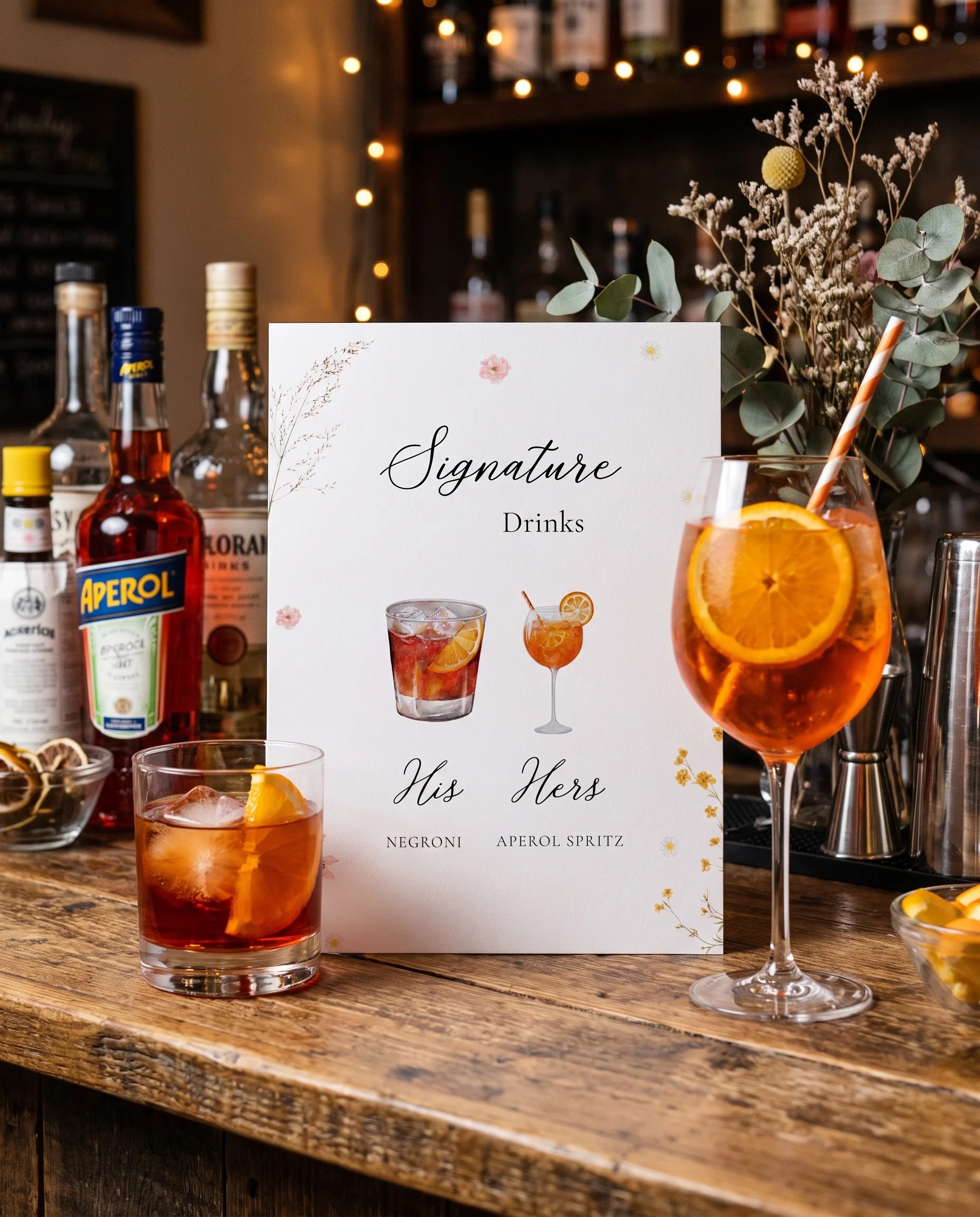 Marigold Petal — bar menu page displayed on a drinks station under soft natural light, bar menu template.