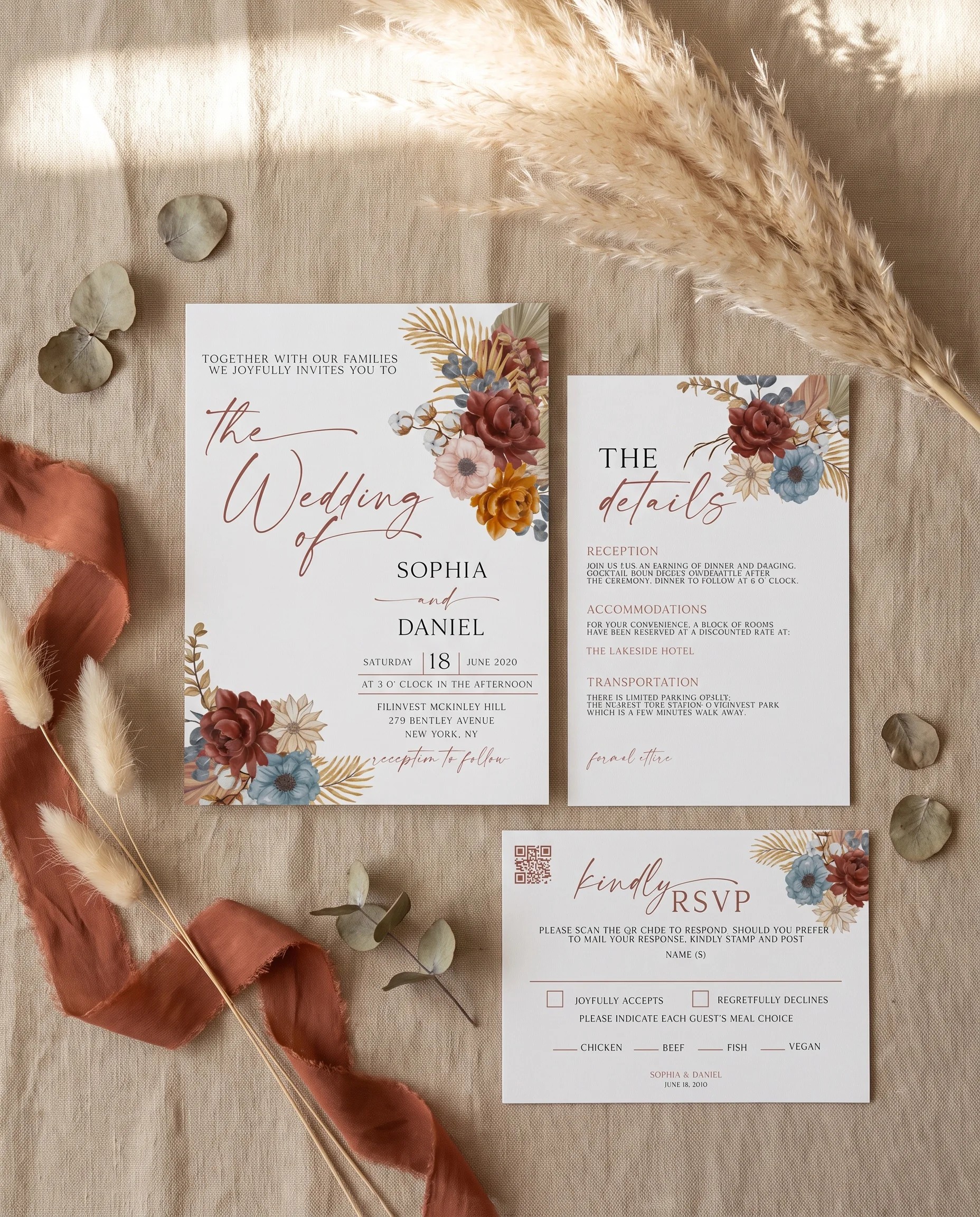 Marisol Bloom wedding invitation set — page 1, page 2, page 3, printable wedding stationery template
