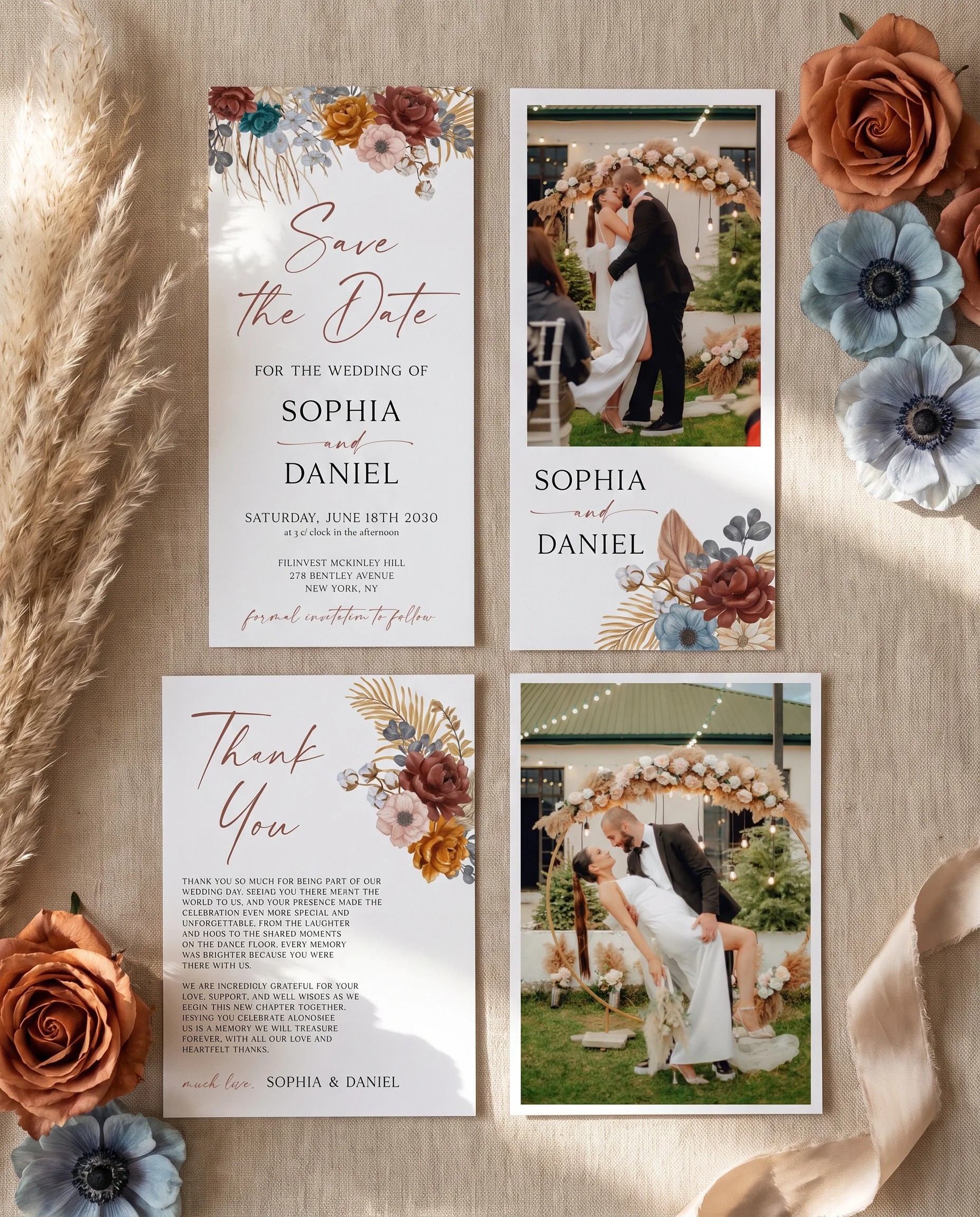 Marisol Bloom wedding invitation set — pages four, five, six, and seven shown in flat lay, printable wedding stationery template