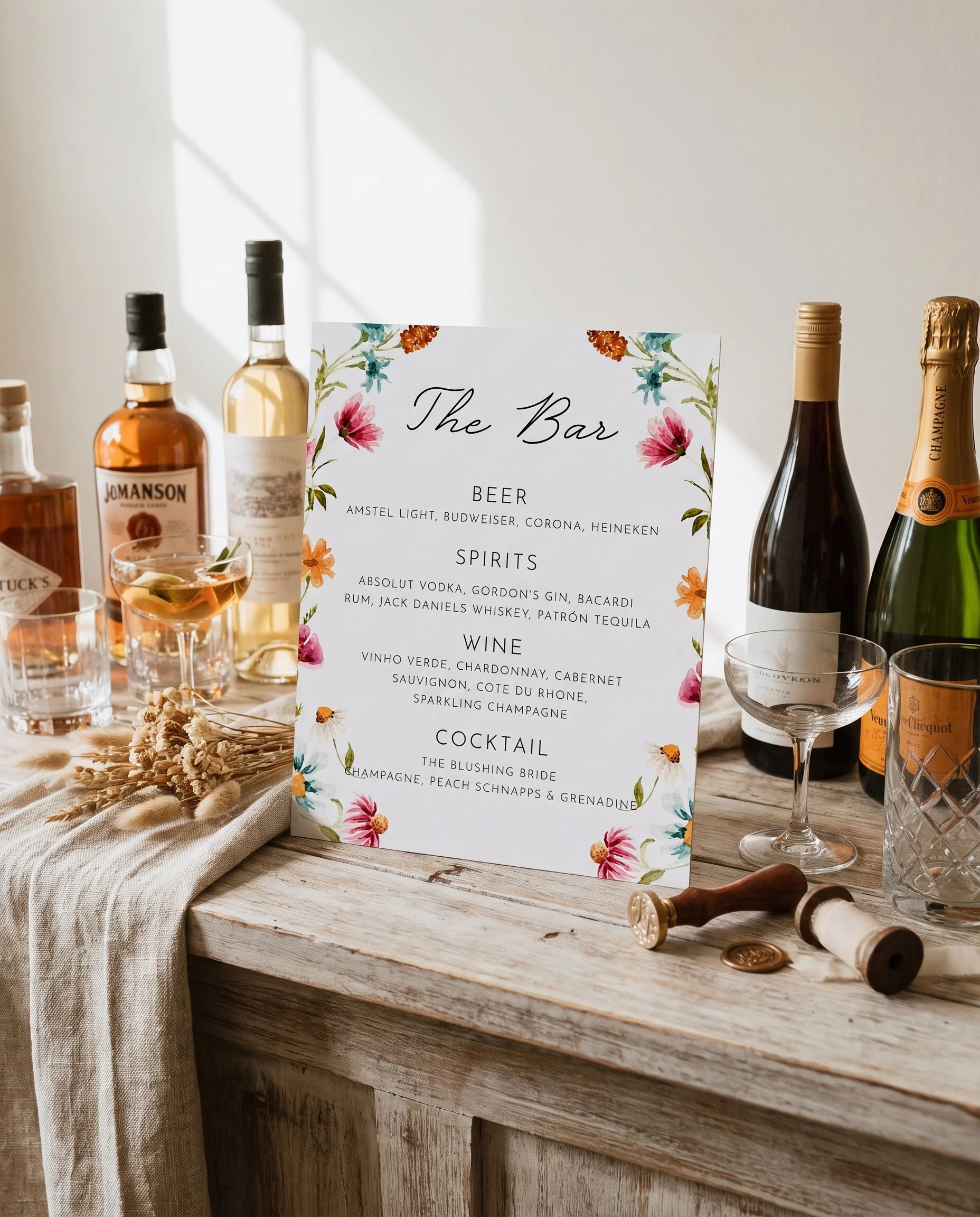 Meadow Ring — bar menu page displayed on a drinks station under soft natural light with a slight overhead angle, bar menu template.