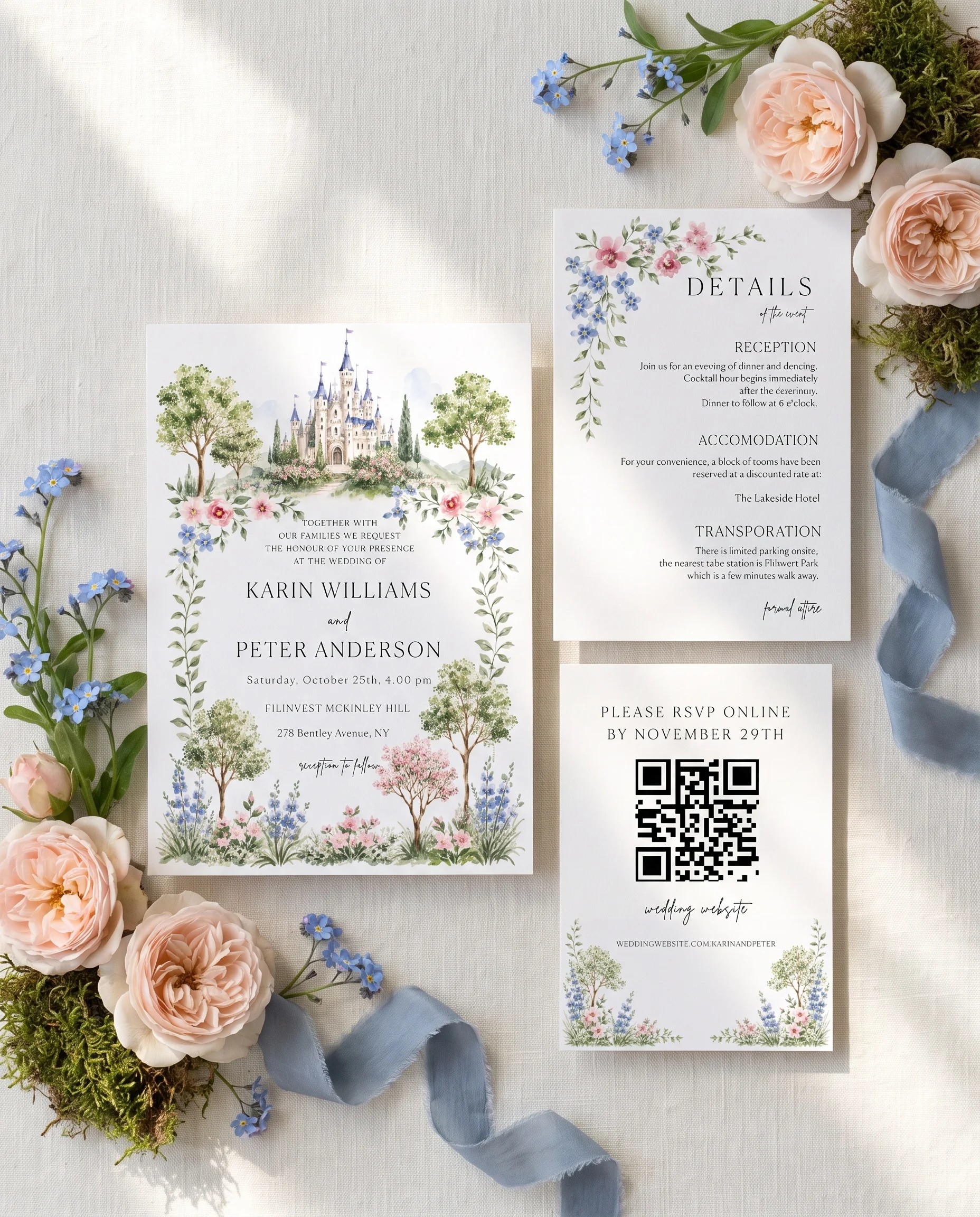 Meadow Spire wedding invitation suite — invitation, details card and RSVP shown in a flat lay, wedding invitation templates.