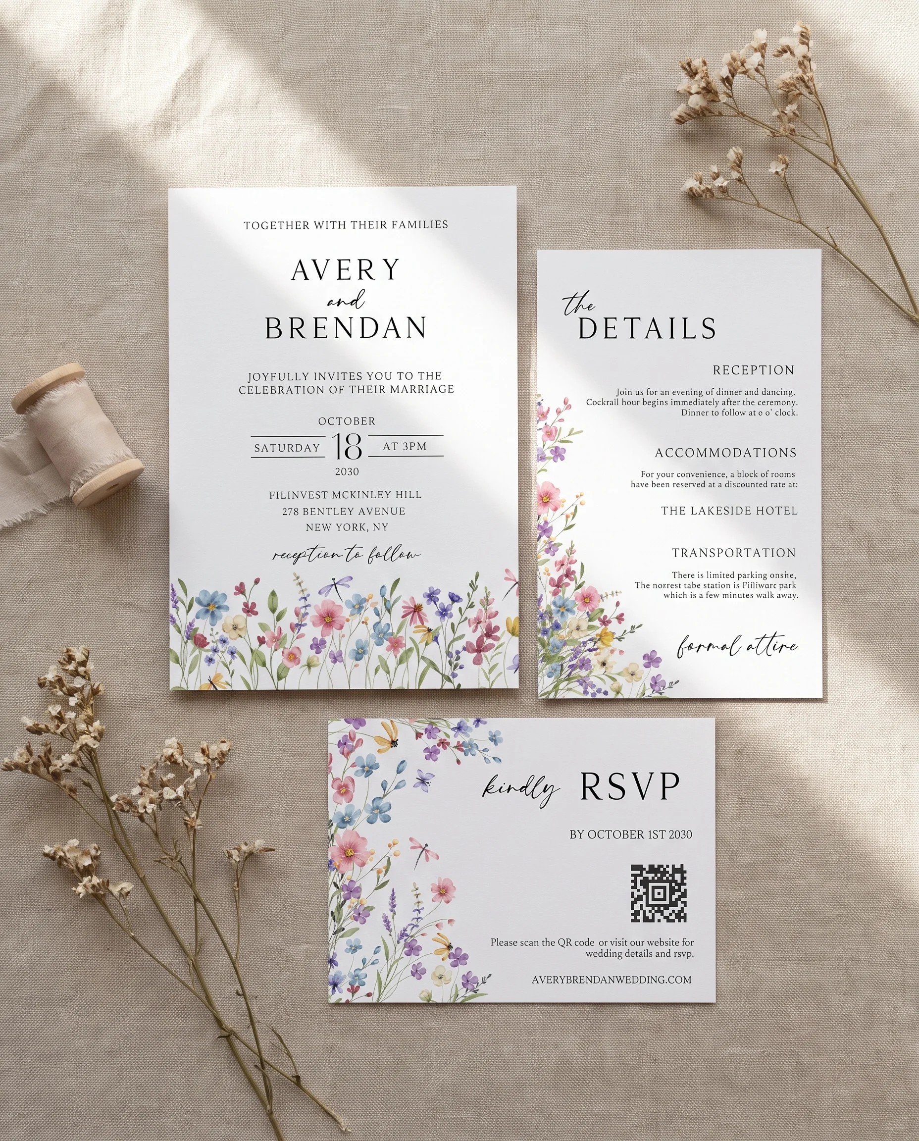 Meadowlark wedding invitation set — Invitation, details card and RSVP card shown in a flat lay, printable wedding invitations